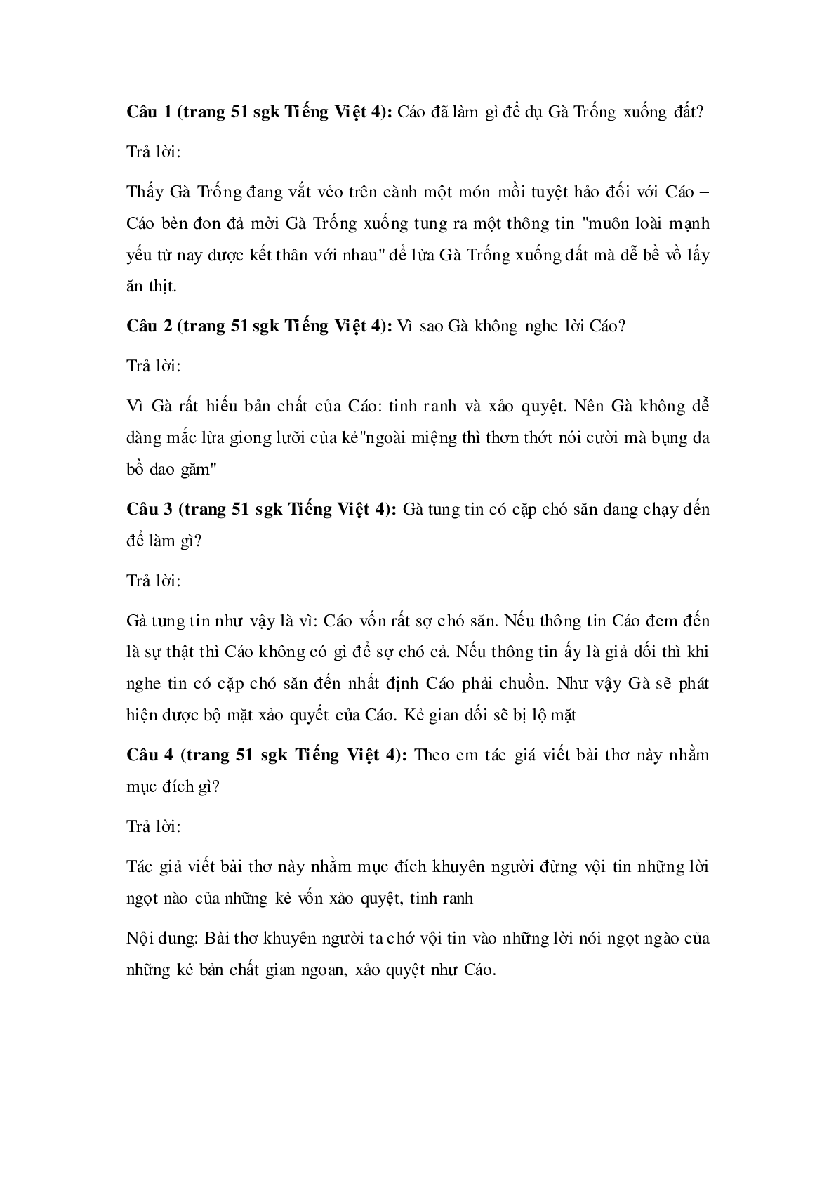 Soạn Tiếng Việt lớp 4: Tập đọc: Gà Trống và Cáo mới nhất (trang 2)
