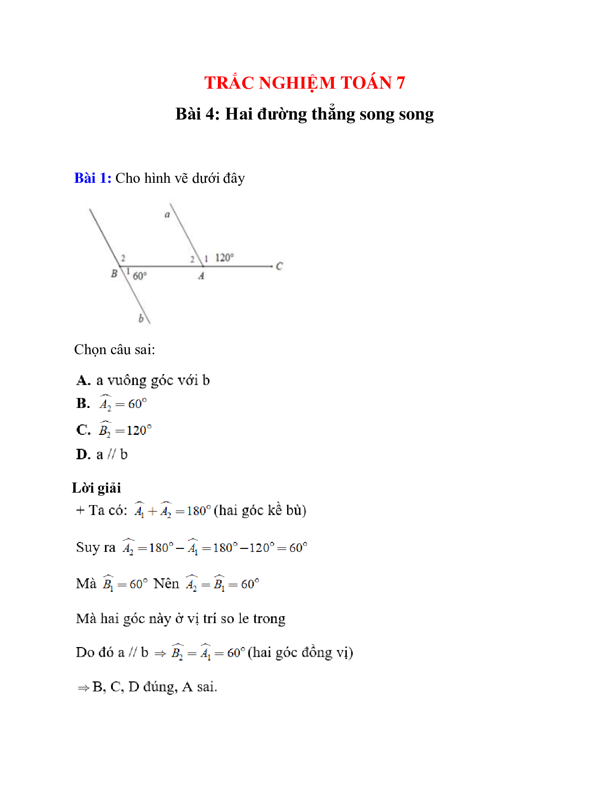 Trắc nghiệm Hai đường thẳng song song có đáp án – Toán lớp 7 (trang 1)