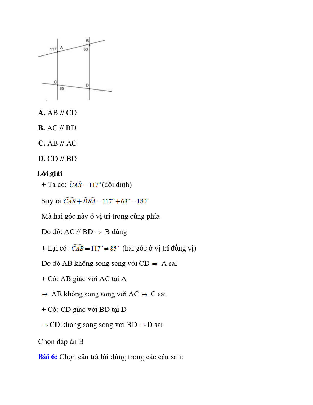 Trắc nghiệm Hai đường thẳng song song có đáp án – Toán lớp 7 (trang 6)