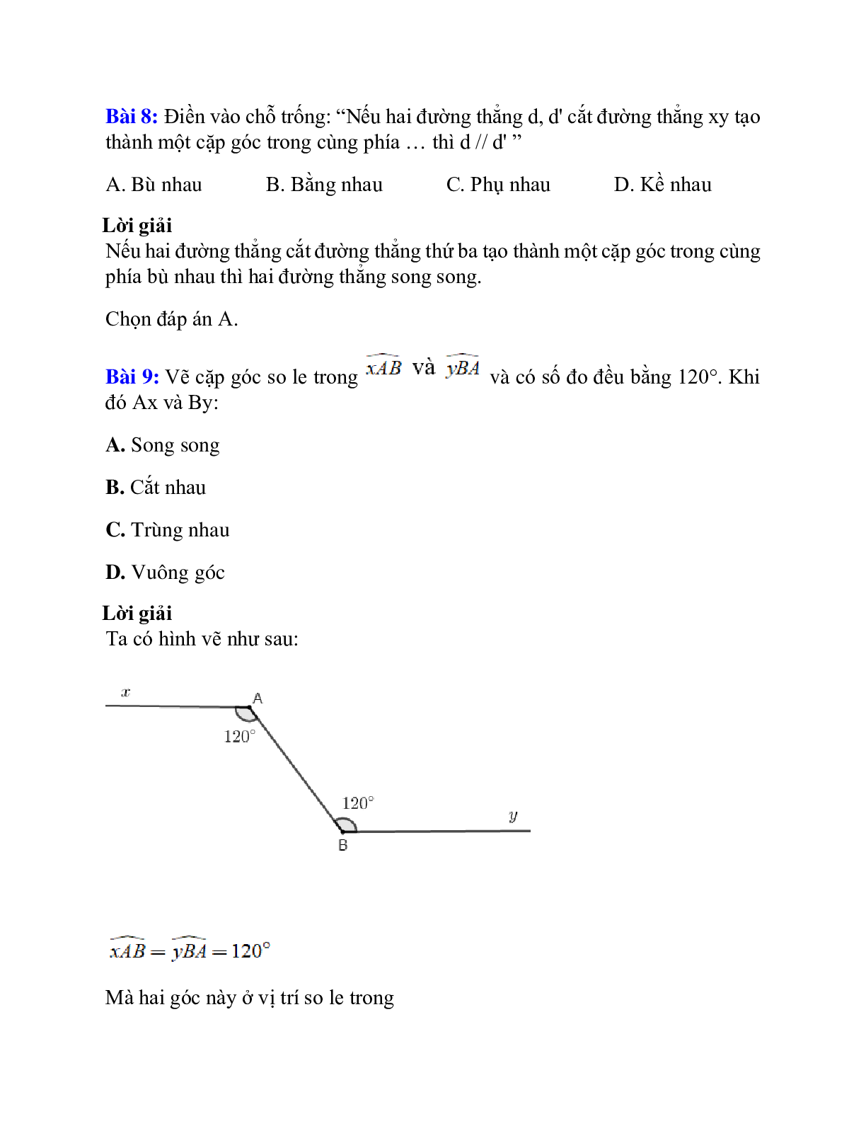 Trắc nghiệm Hai đường thẳng song song có đáp án – Toán lớp 7 (trang 8)