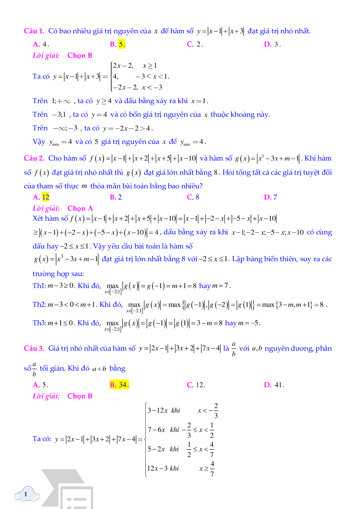 40 câu trắc nghiệm max min hàm số chứa dấu giá trị tuyệt đối - có đáp án chi tiết (trang 1)