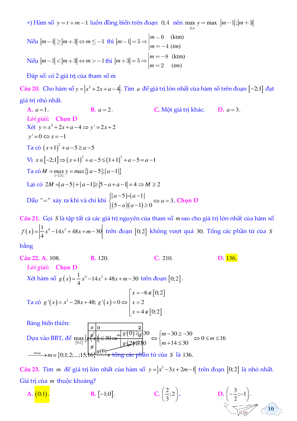 40 câu trắc nghiệm max min hàm số chứa dấu giá trị tuyệt đối - có đáp án chi tiết (trang 10)