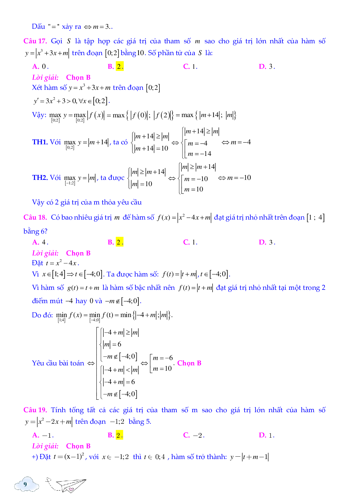 40 câu trắc nghiệm max min hàm số chứa dấu giá trị tuyệt đối - có đáp án chi tiết (trang 9)
