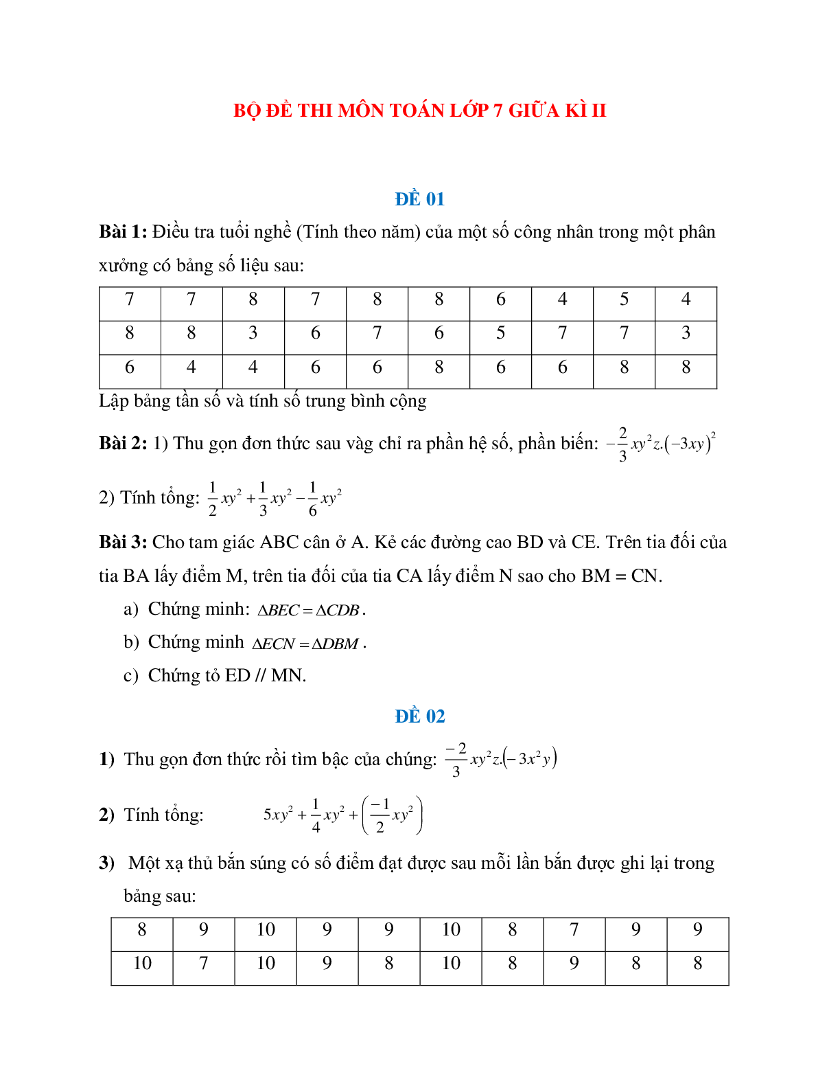 Bộ đề thi môn Toán 7 giữa học kì 2 (trang 1)