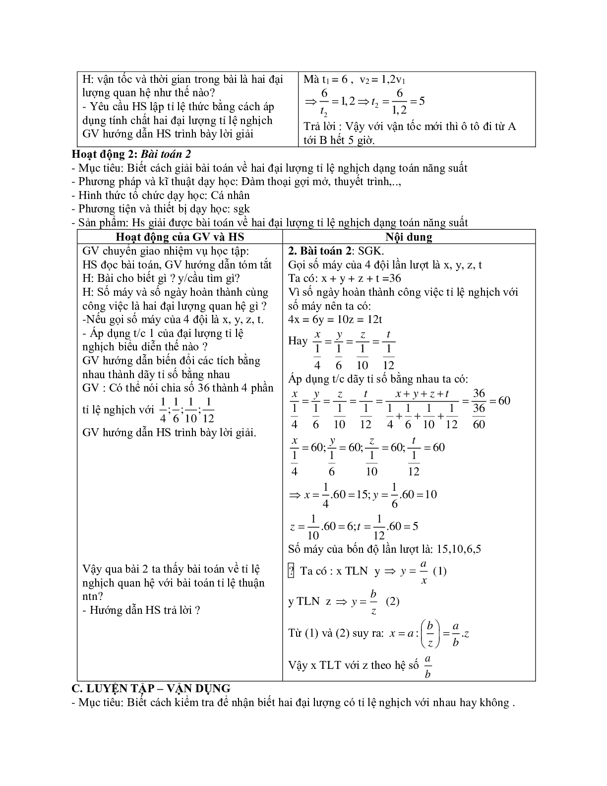 Giáo án Toán 7 bài 4: Một số bài toán về đại lượng tỉ lệ nghịch mới nhất (trang 2)