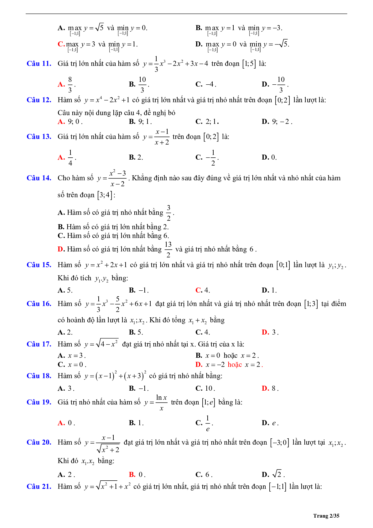 Phương pháp giải Giá trị lớn nhất, giá trị nhỏ nhất của hàm số 2023 (lý thuyết và bài tập) (trang 2)