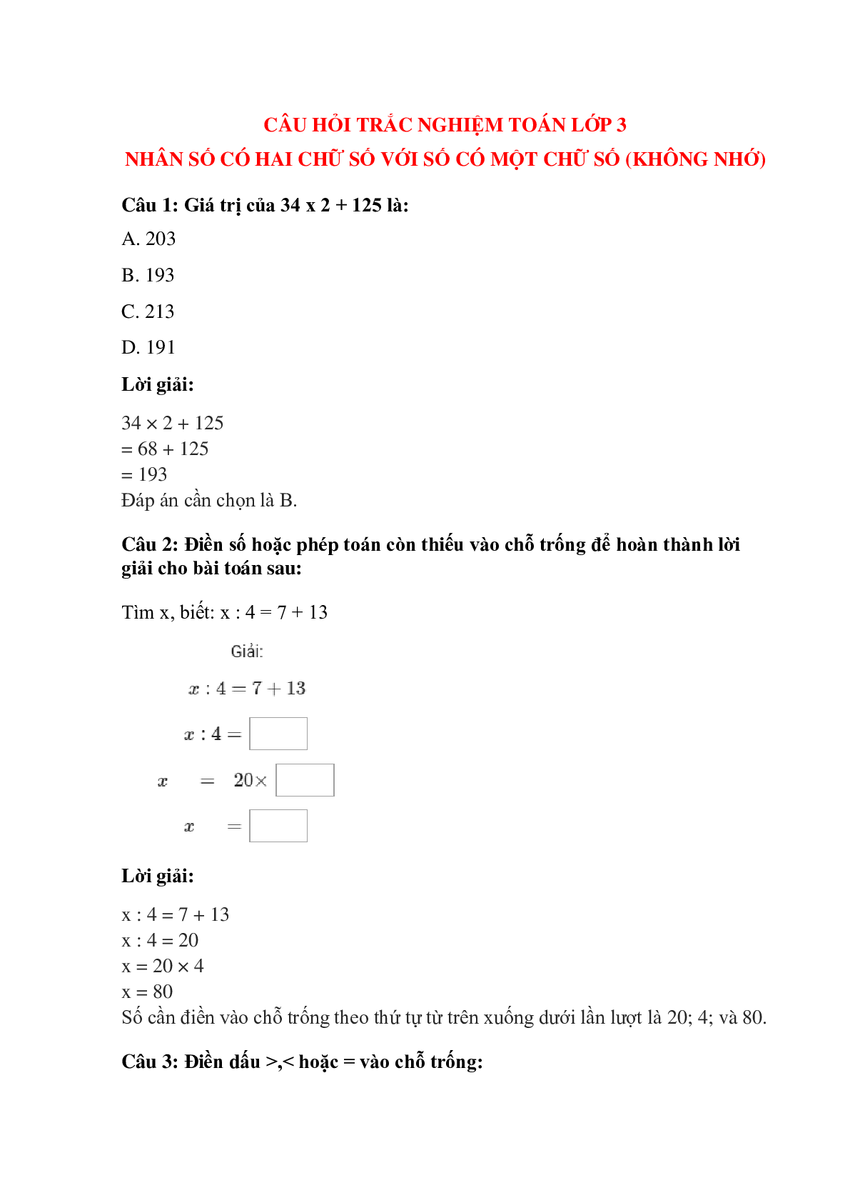 Trắc nghiệm Nhân số có hai chữ số với số có một chữ số (không nhớ) có đáp án – Toán lớp 3 (trang 1)