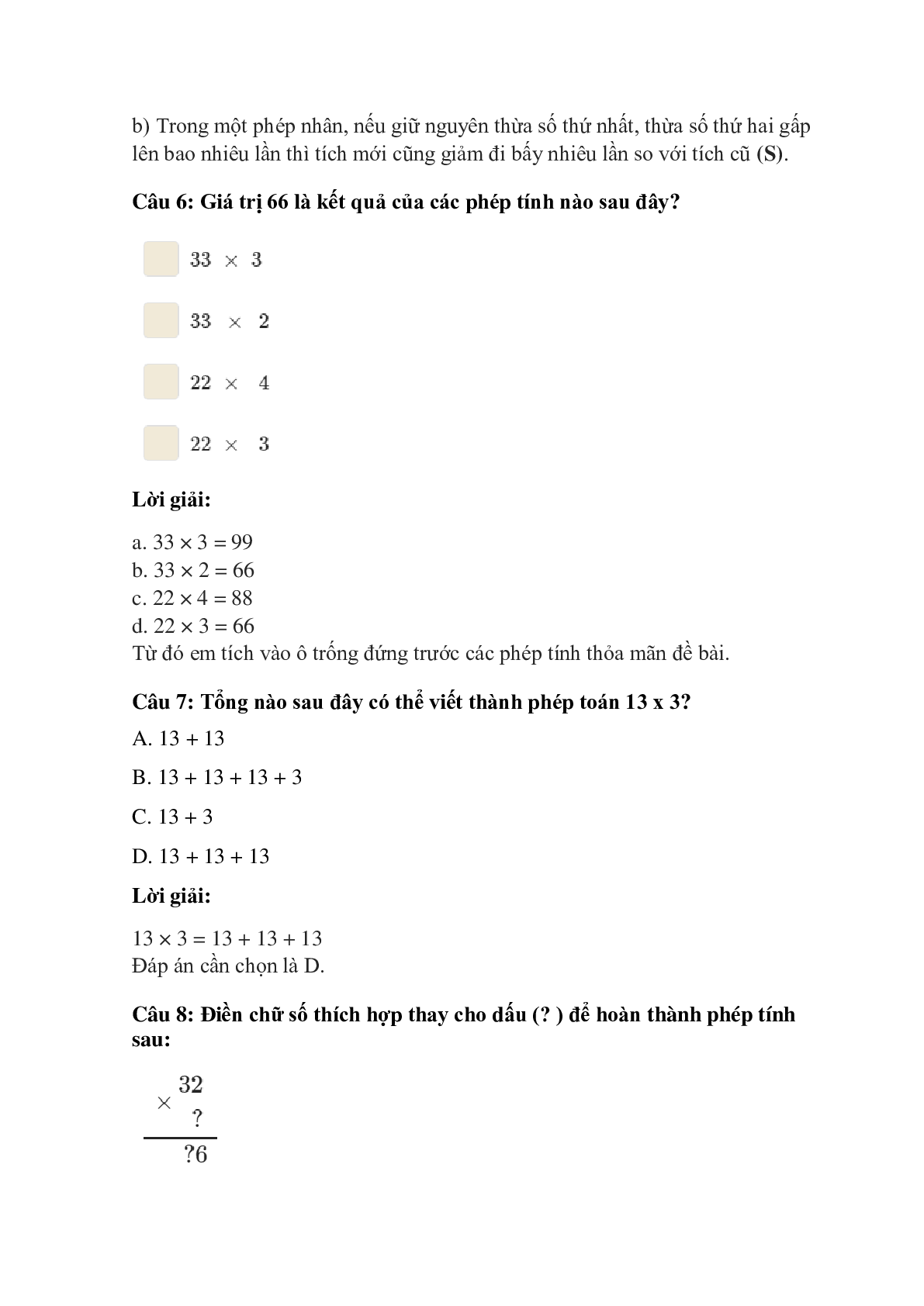 Trắc nghiệm Nhân số có hai chữ số với số có một chữ số (không nhớ) có đáp án – Toán lớp 3 (trang 3)