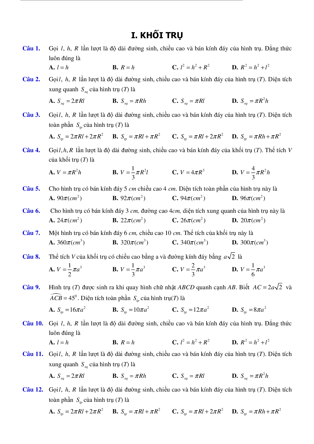 73 câu trắc nghiệm Hình trụ, hình nón lớp 12 năm 2023 (trang 1)