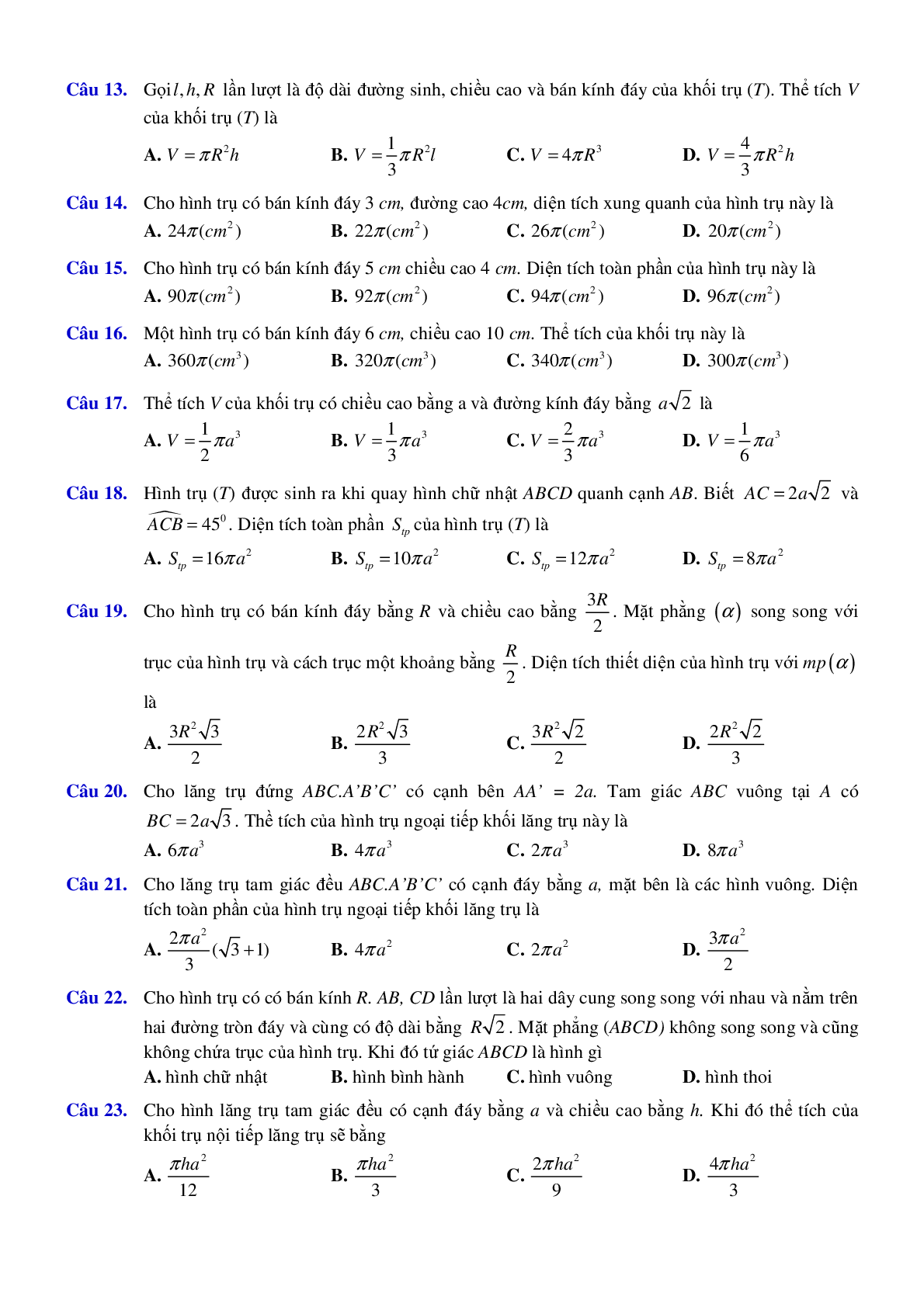 73 câu trắc nghiệm Hình trụ, hình nón lớp 12 năm 2023 (trang 2)