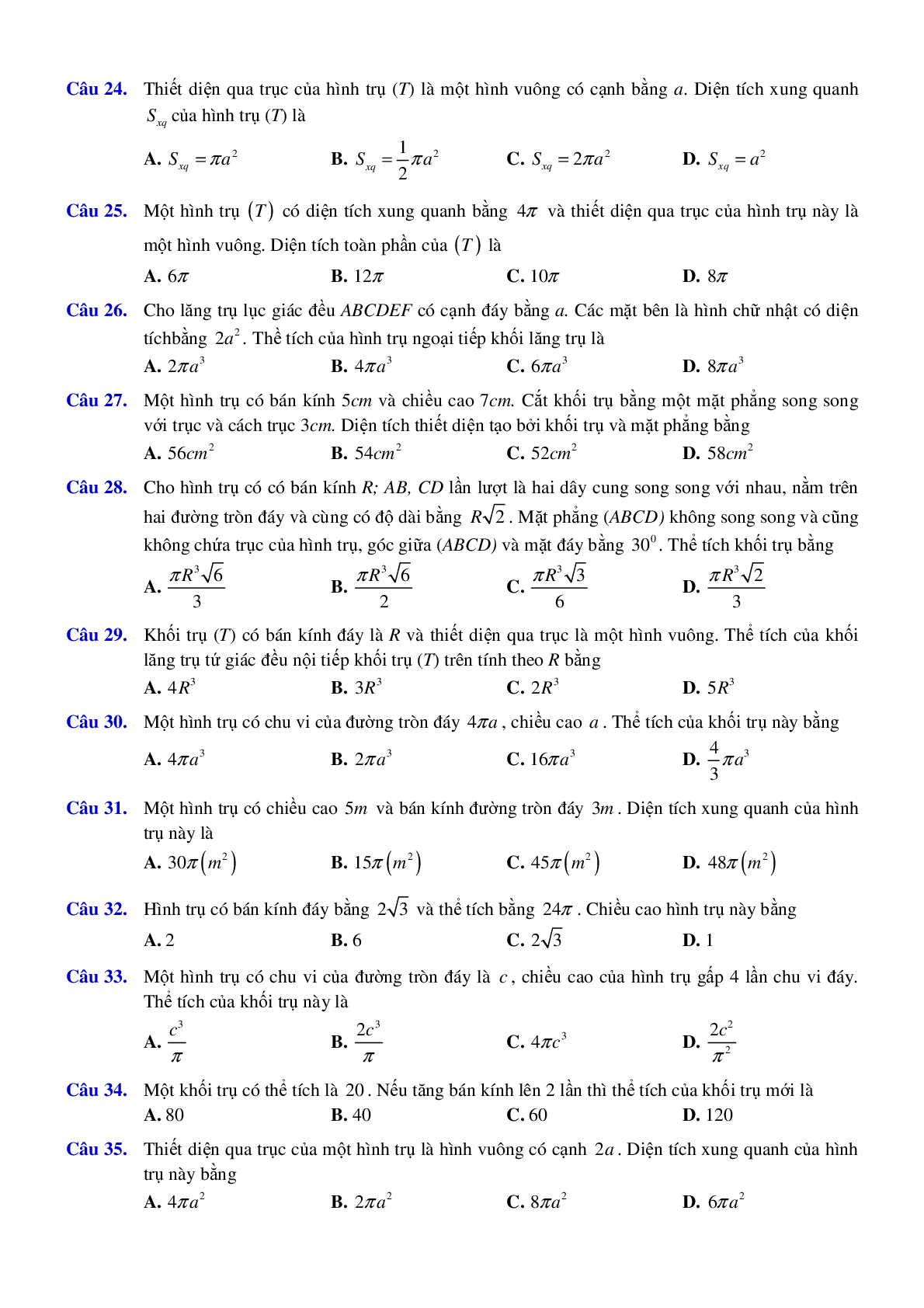 73 câu trắc nghiệm Hình trụ, hình nón lớp 12 năm 2023 (trang 3)