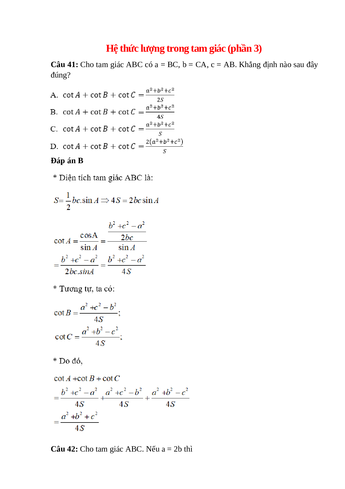 Trắc nghiệm Hệ thức lượng trong tam giác (phần 3) có đáp án – Toán lớp 10 (trang 1)