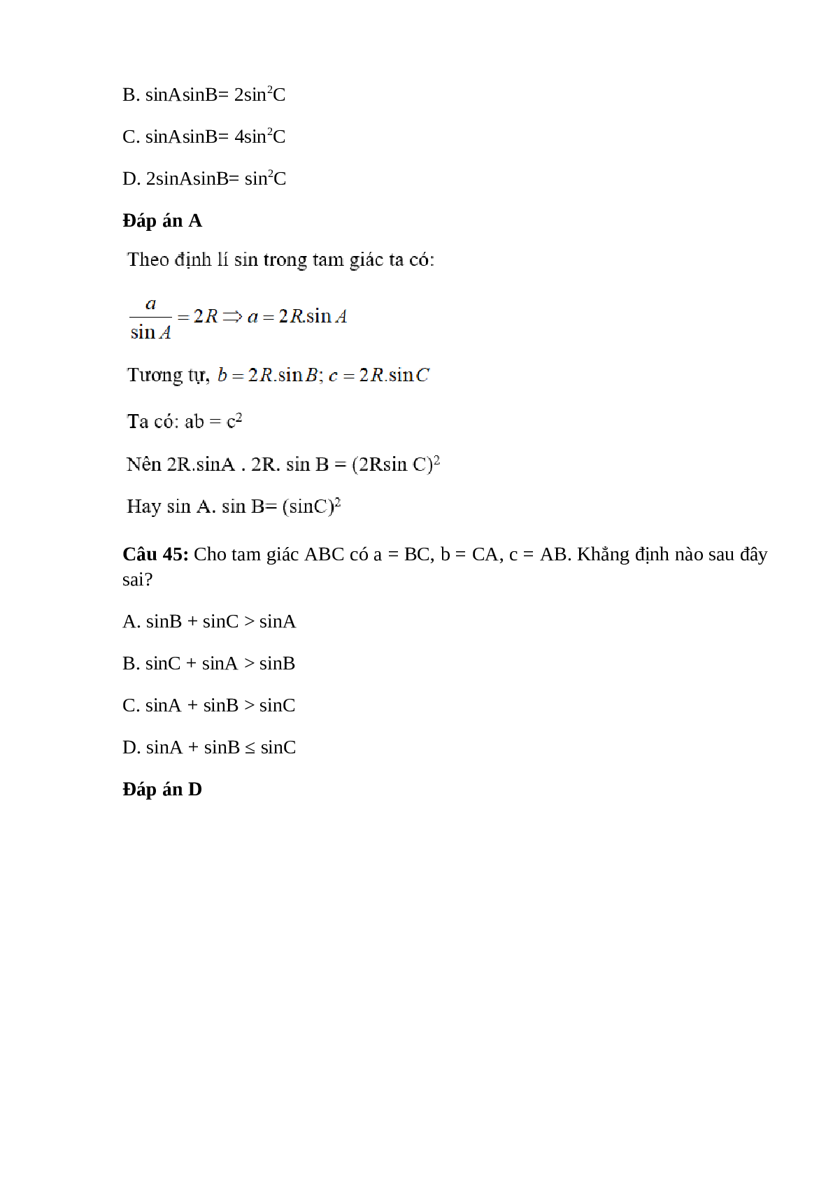 Trắc nghiệm Hệ thức lượng trong tam giác (phần 3) có đáp án – Toán lớp 10 (trang 3)