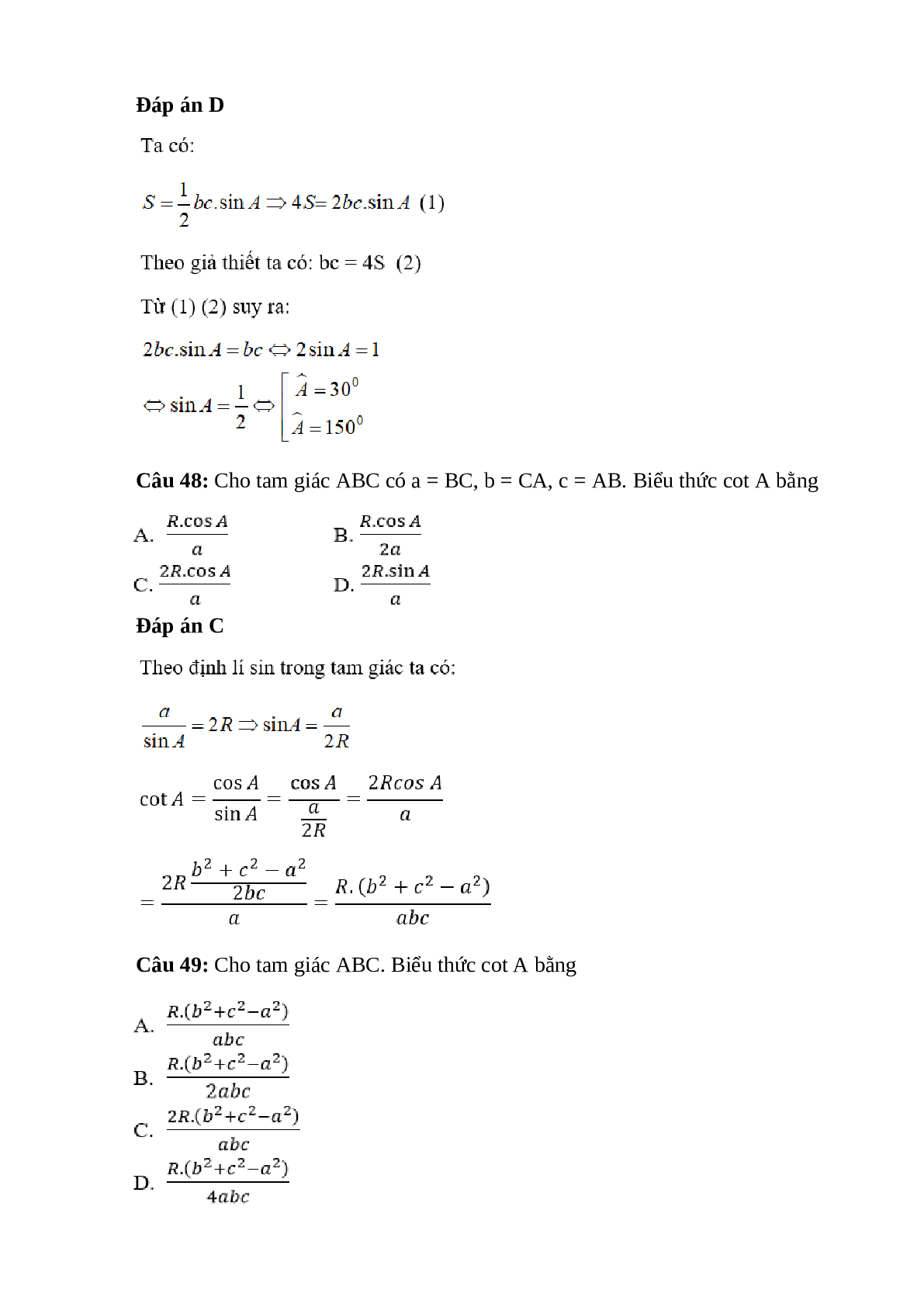 Trắc nghiệm Hệ thức lượng trong tam giác (phần 3) có đáp án – Toán lớp 10 (trang 5)