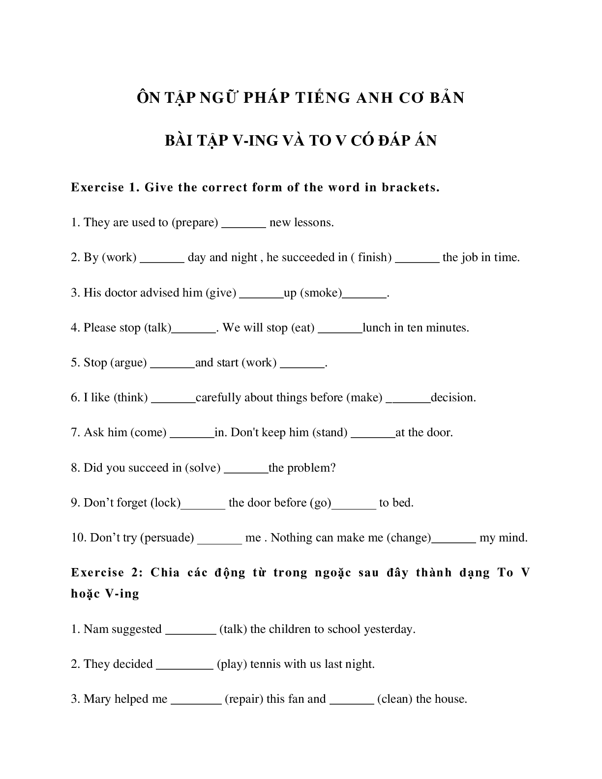 Tổng hợp bài tập về To V và V-ing Tiếng anh 10 có đáp án, chọn lọc (trang 1)