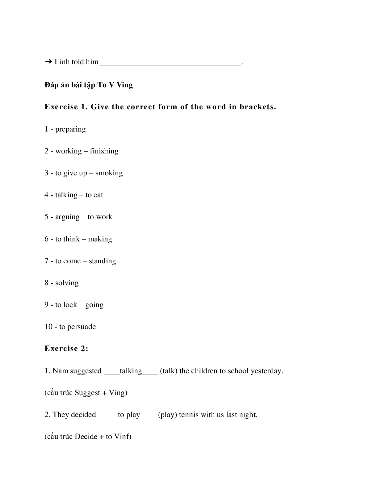 Tổng hợp bài tập về To V và V-ing Tiếng anh 10 có đáp án, chọn lọc (trang 4)