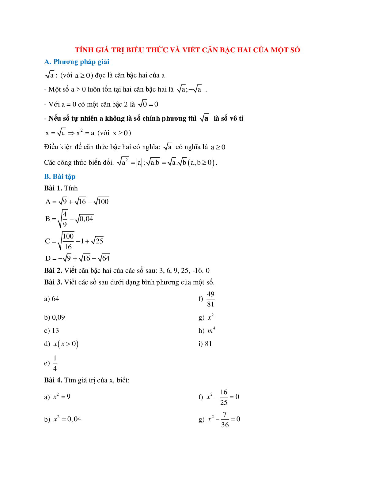 Cách giải Tính giá trị biểu thức và viết căn bậc hai của một số (trang 1)