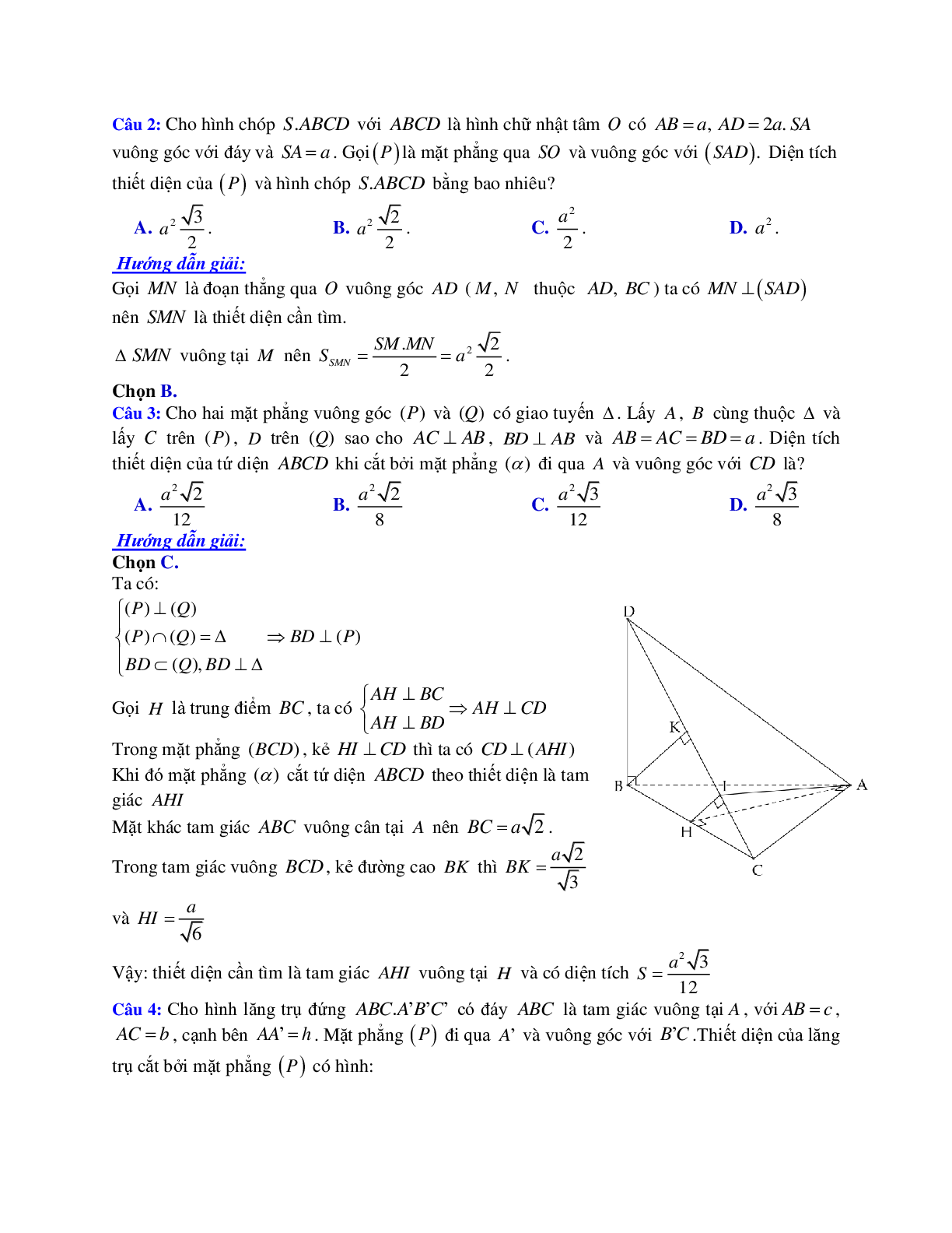Phương pháp giải và bài tập về Cách xác định thiết diện chứa một đường thẳng và vuông góc với một mặt phẳng có đáp án (trang 2)