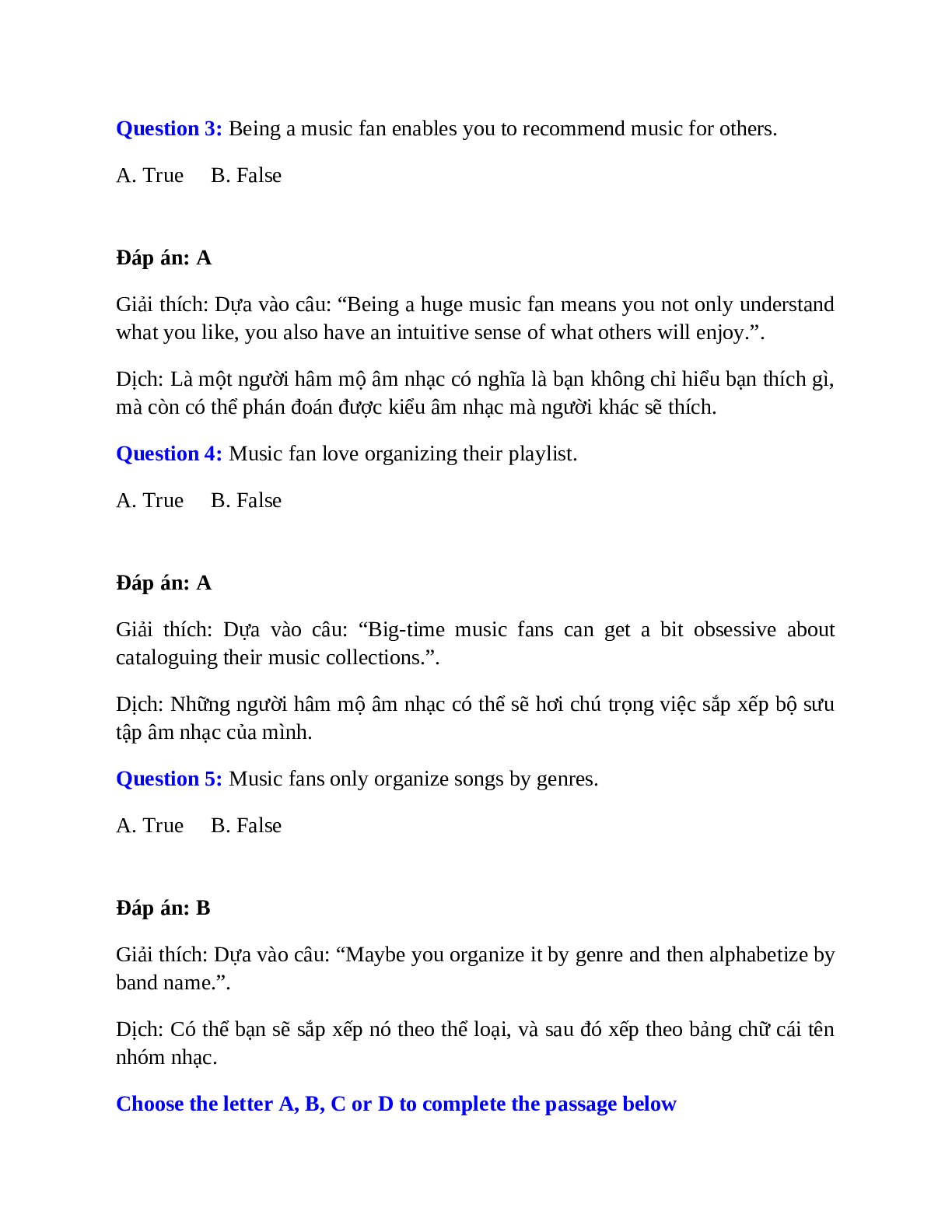Trắc nghiệm Tiếng Anh 10 mới Unit 3 có đáp án: Music (trang 10)