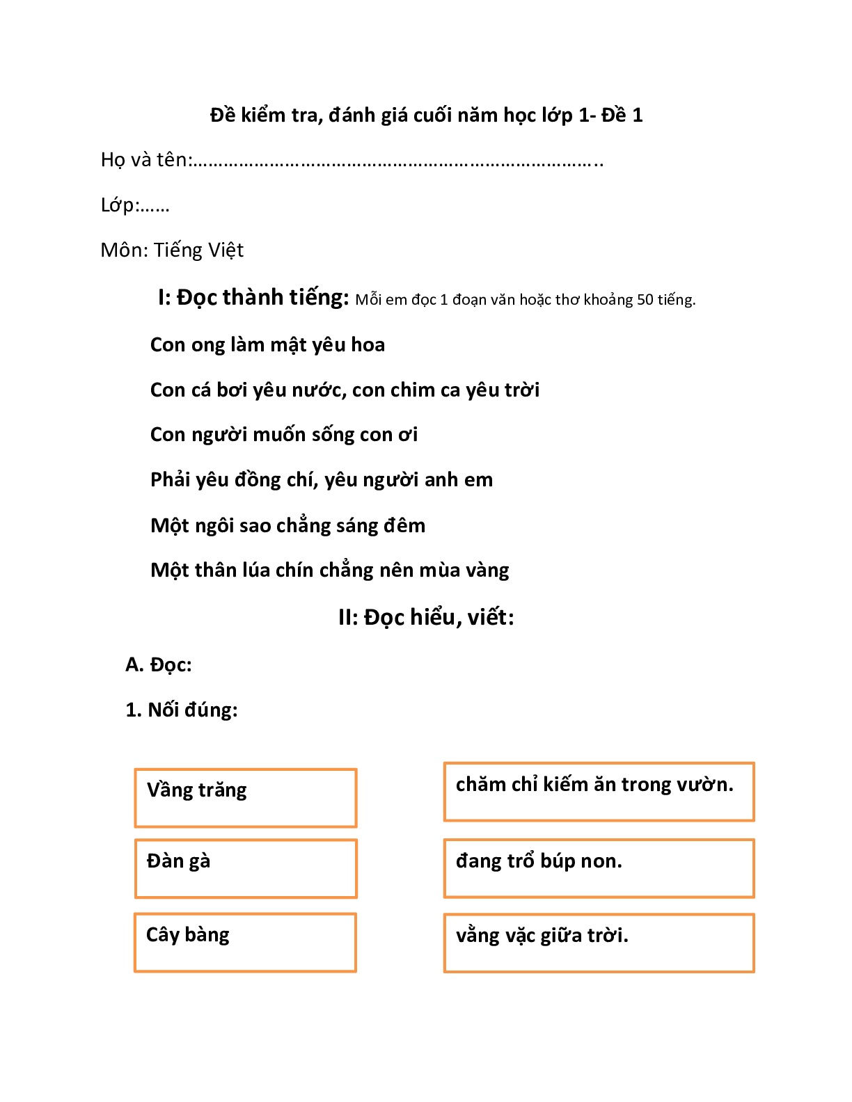 Bộ 8 đề Ôn thi Học kì 2 môn Tiếng Việt lớp 1 chọn lọc (trang 1)