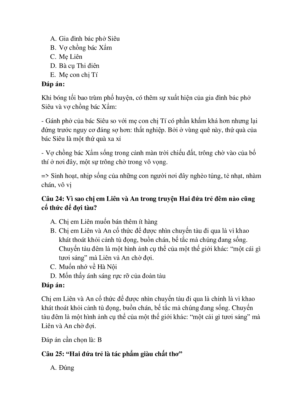 28 câu Trắc nghiệm Hai đứa trẻ (Thạch Lam) có đáp án 2023 – Ngữ Văn lớp 11 (trang 10)