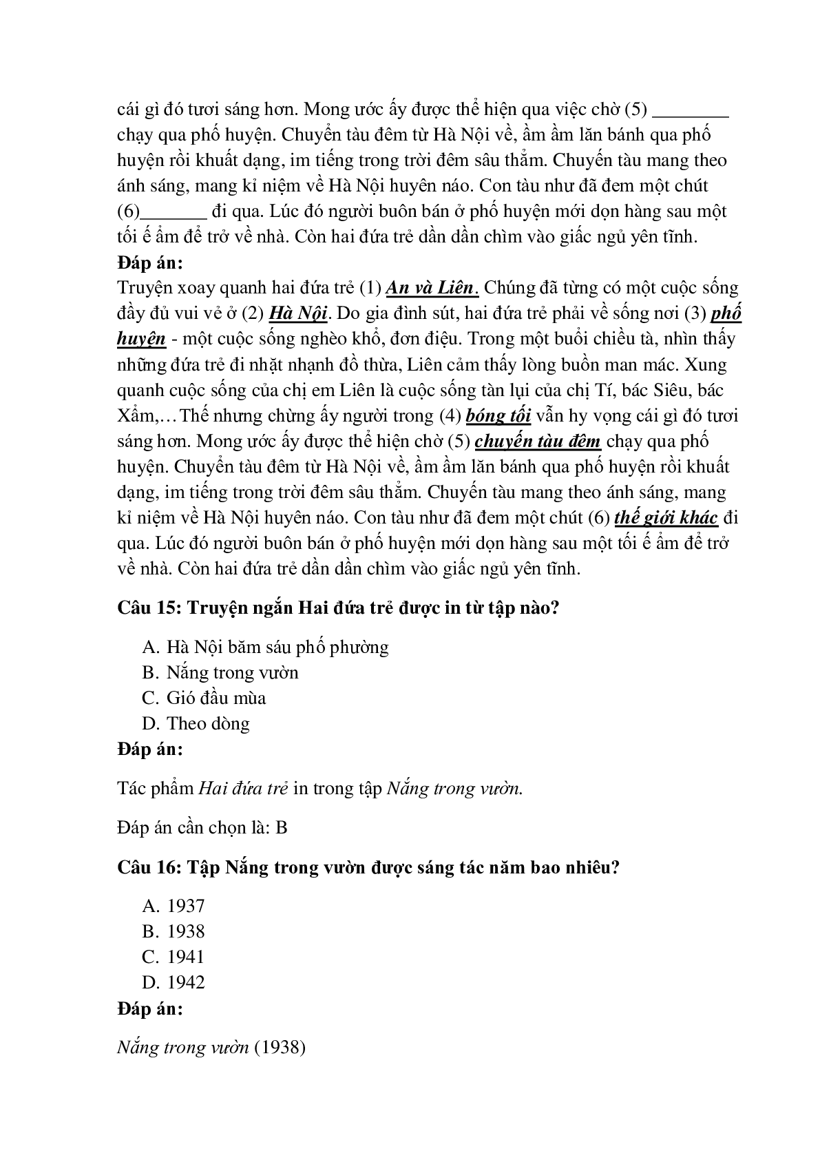 28 câu Trắc nghiệm Hai đứa trẻ (Thạch Lam) có đáp án 2023 – Ngữ Văn lớp 11 (trang 6)