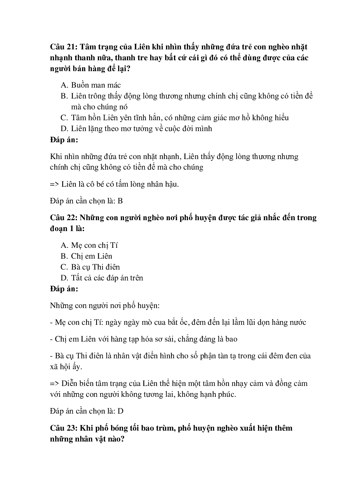 28 câu Trắc nghiệm Hai đứa trẻ (Thạch Lam) có đáp án 2023 – Ngữ Văn lớp 11 (trang 9)