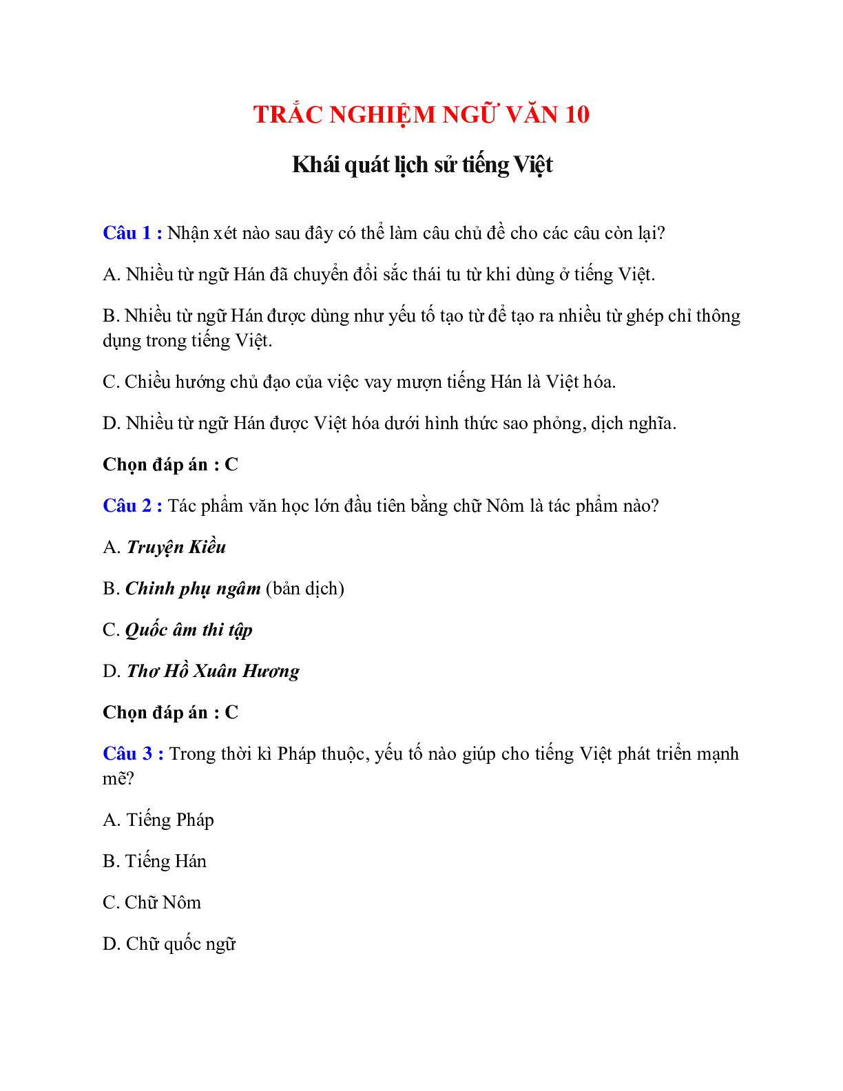 Trắc nghiệm Khái quát lịch sử tiếng Việt có đáp án – Ngữ văn lớp 10 (trang 1)