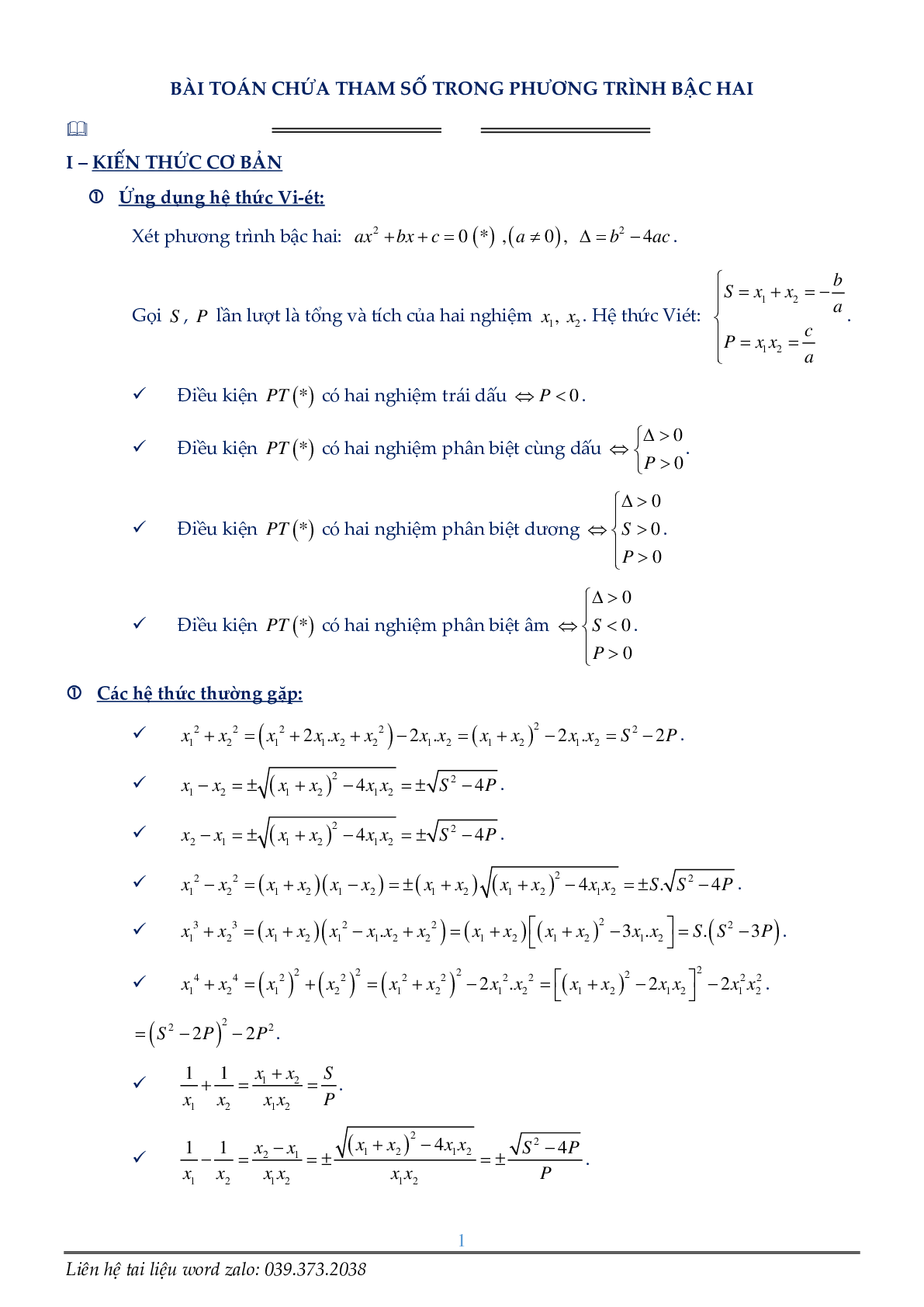 Phương trình chứa tham số (trang 1)