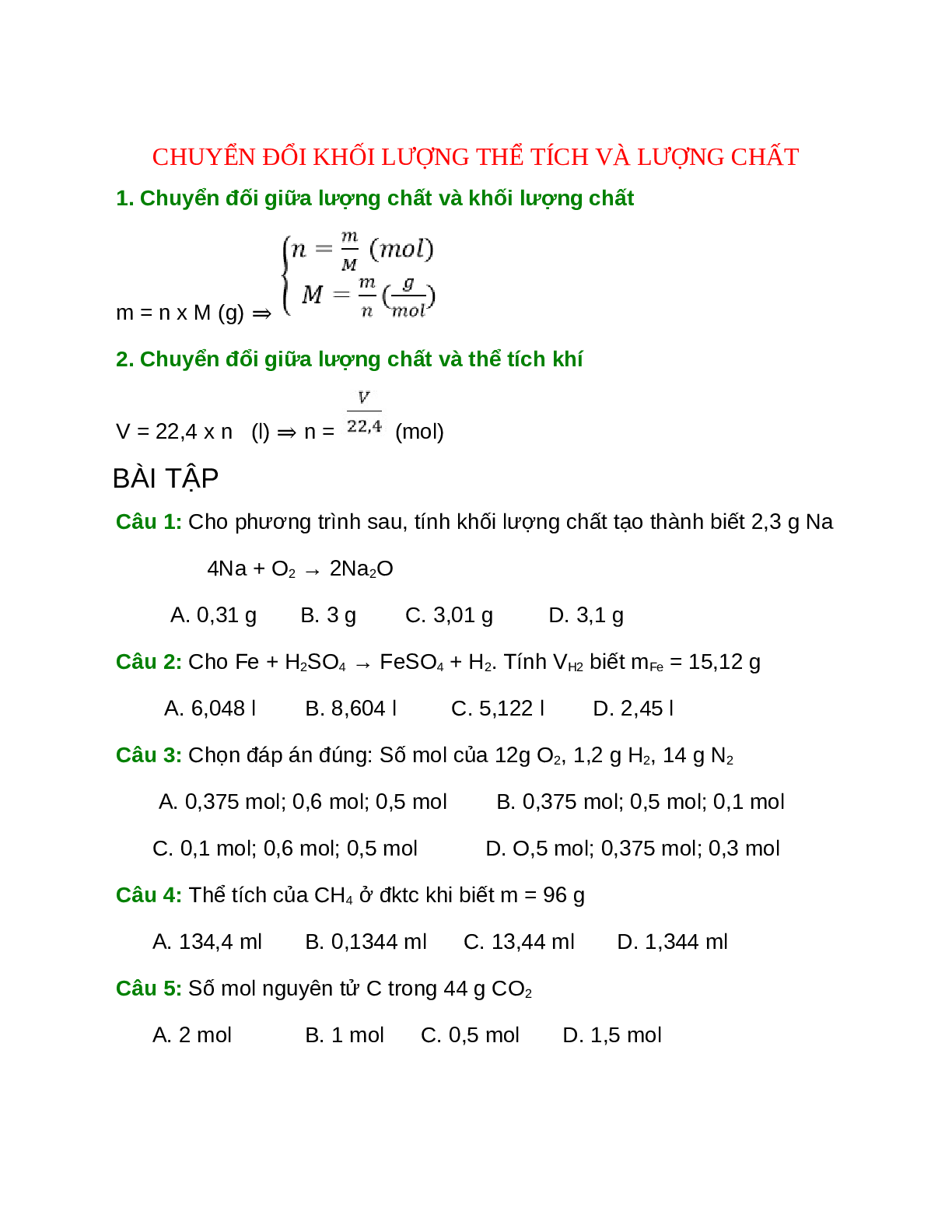 Lý thuyết, bài tập về Chuyển đổi khối lượng thể tích và lượng chất (trang 1)