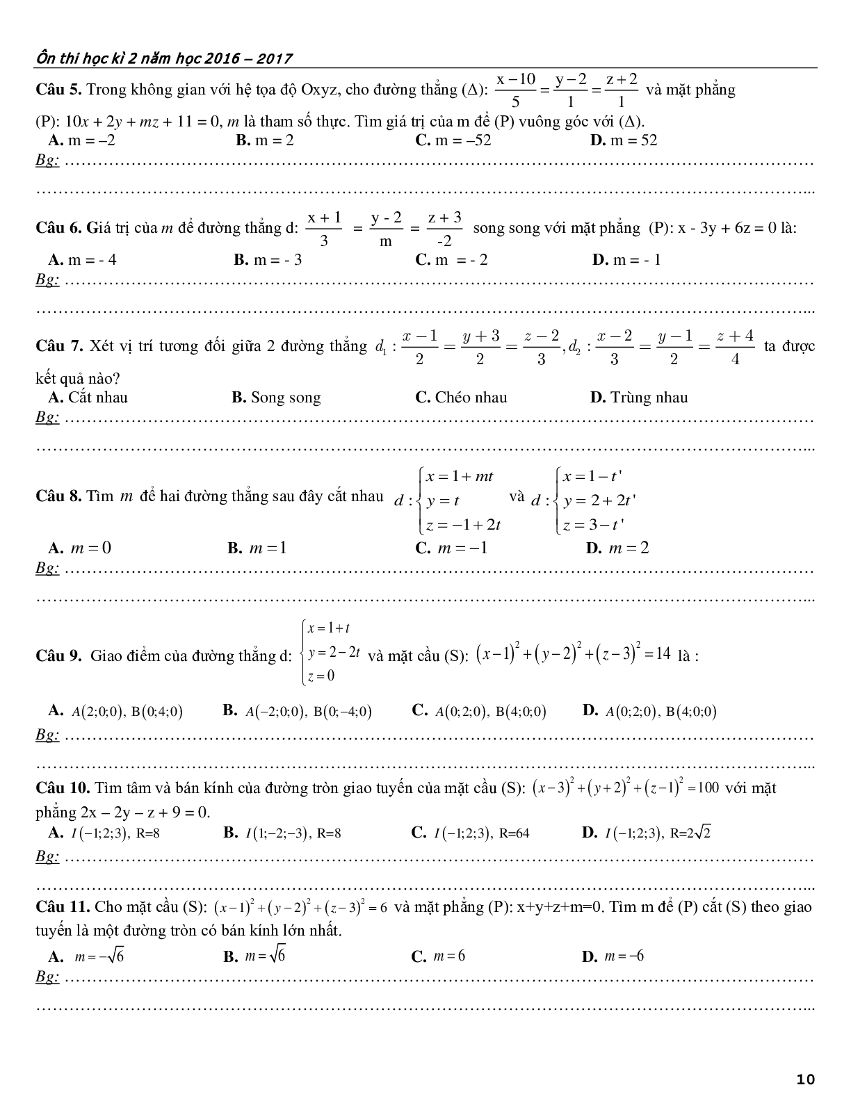 Bài tập ôn tập phương pháp tọa độ trong không gian (trang 10)