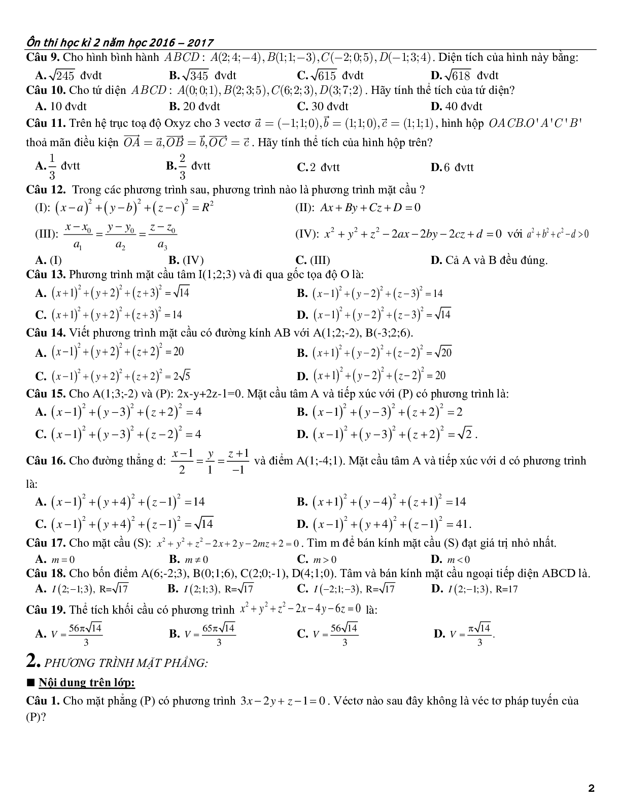 Bài tập ôn tập phương pháp tọa độ trong không gian (trang 2)