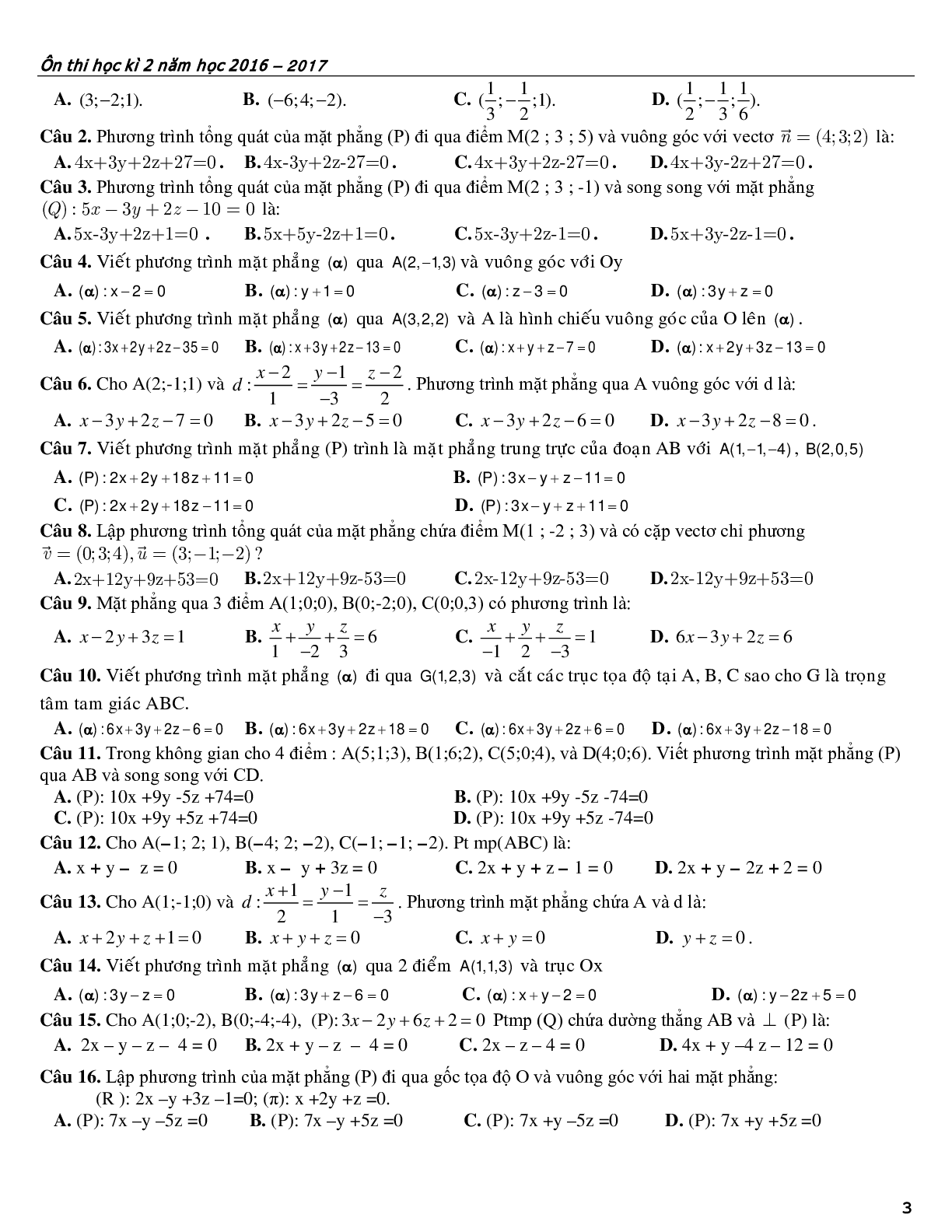 Bài tập ôn tập phương pháp tọa độ trong không gian (trang 3)