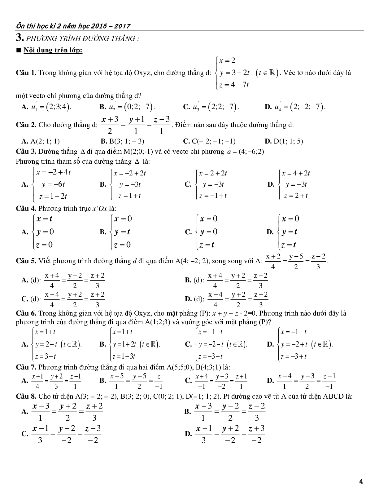 Bài tập ôn tập phương pháp tọa độ trong không gian (trang 4)