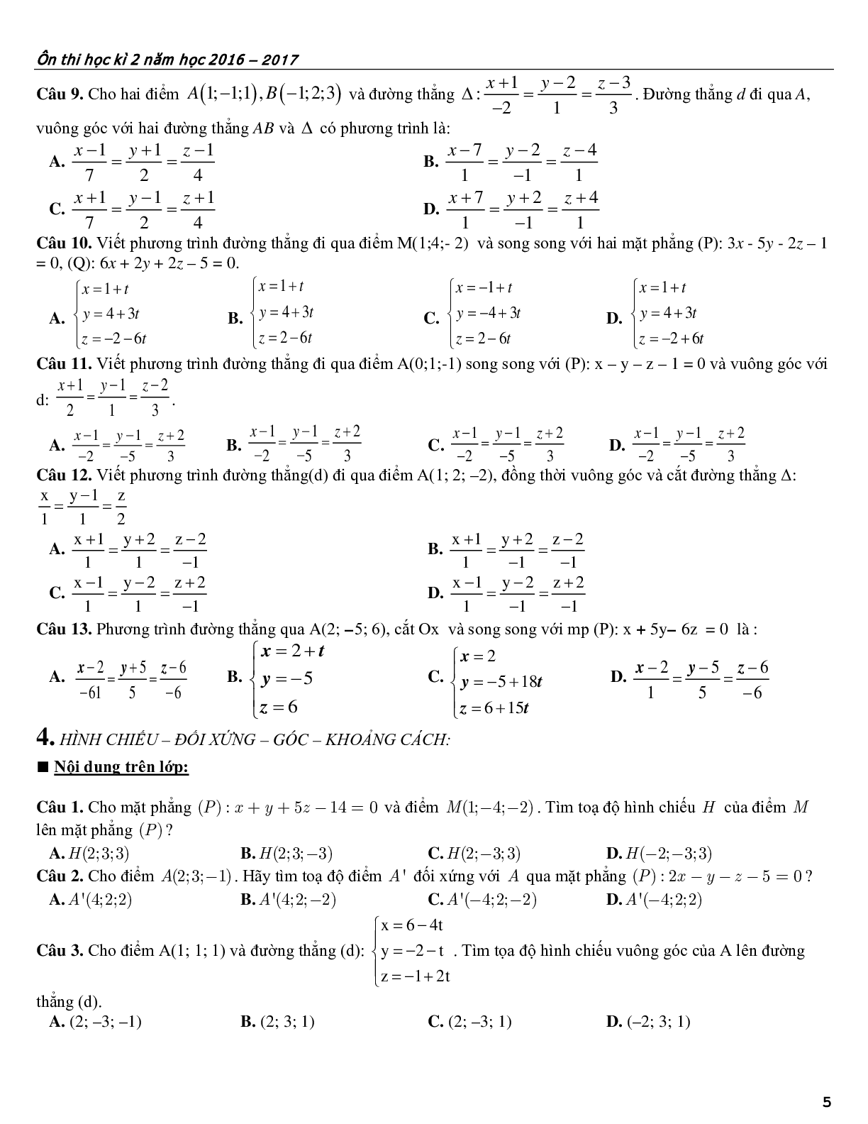 Bài tập ôn tập phương pháp tọa độ trong không gian (trang 5)