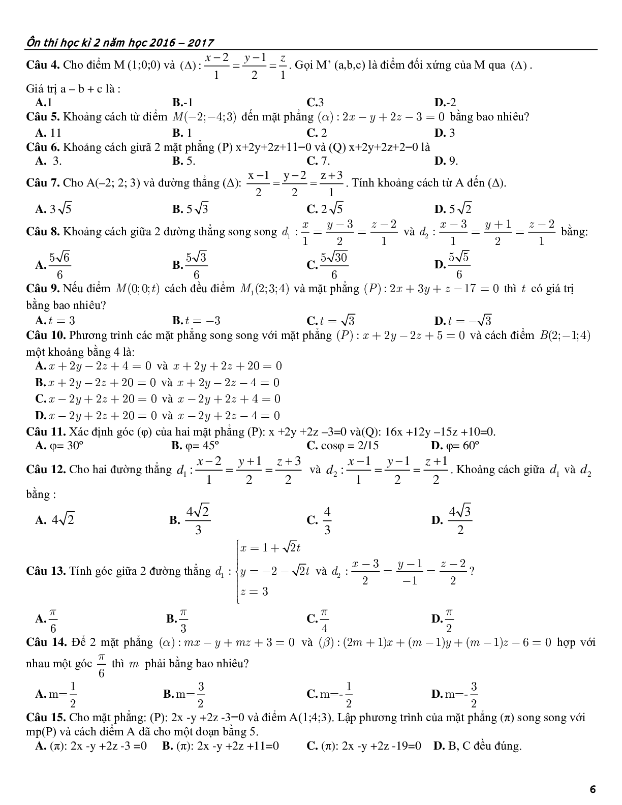 Bài tập ôn tập phương pháp tọa độ trong không gian (trang 6)
