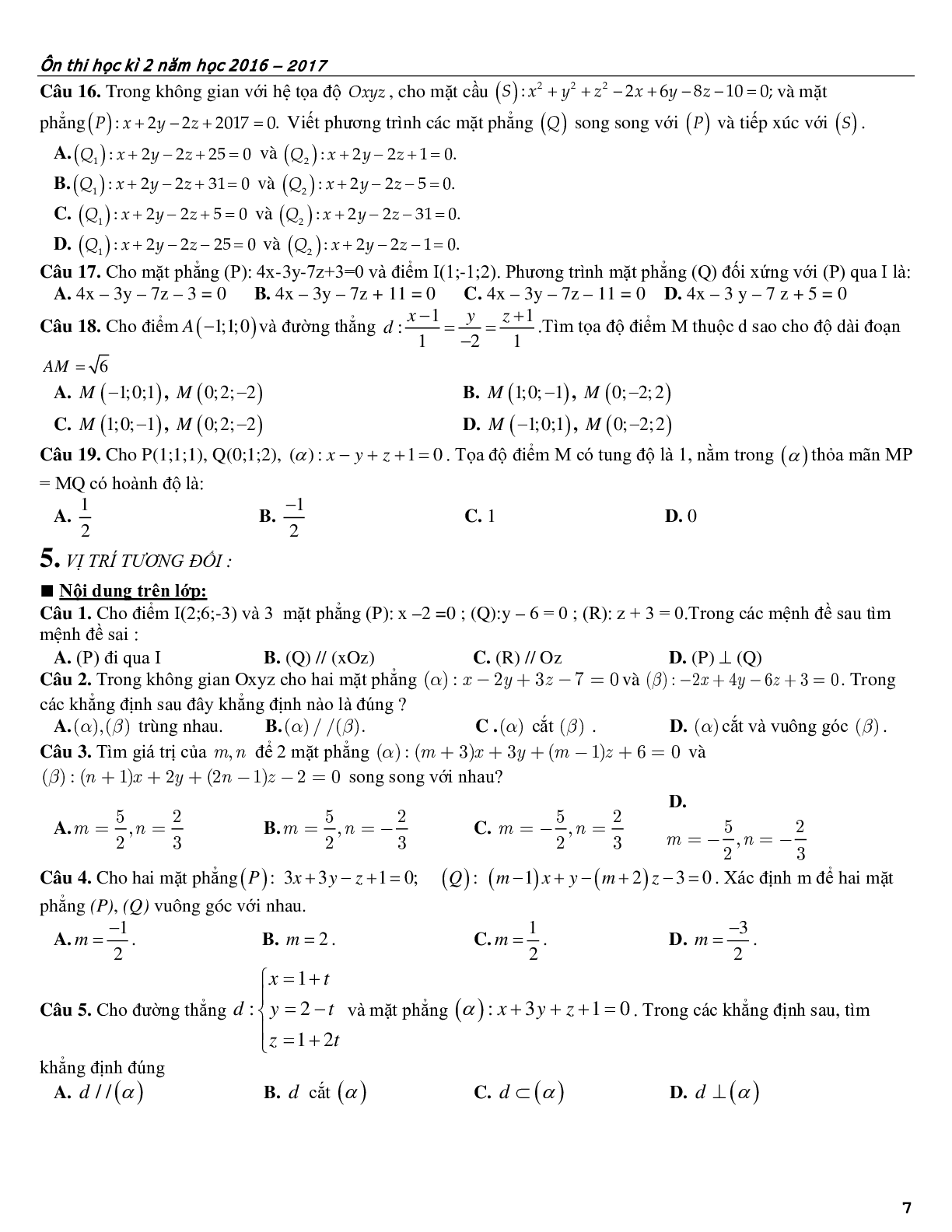 Bài tập ôn tập phương pháp tọa độ trong không gian (trang 7)