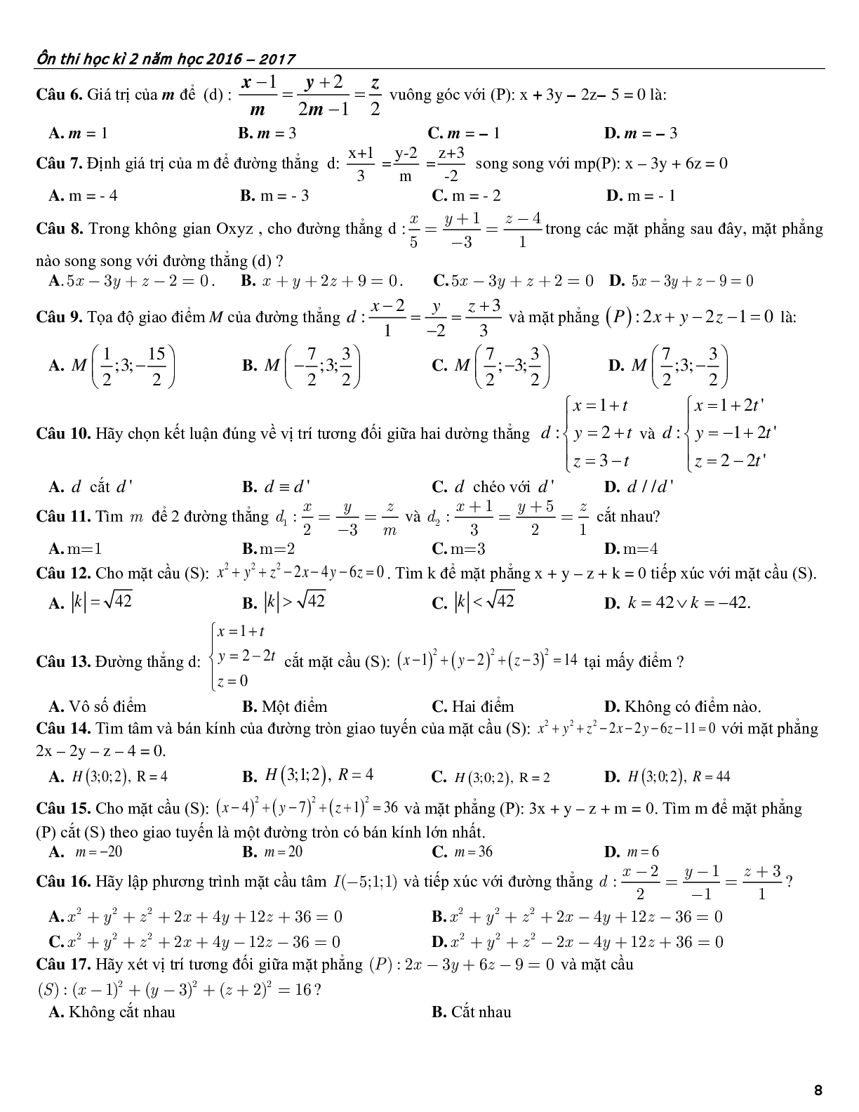 Bài tập ôn tập phương pháp tọa độ trong không gian (trang 8)