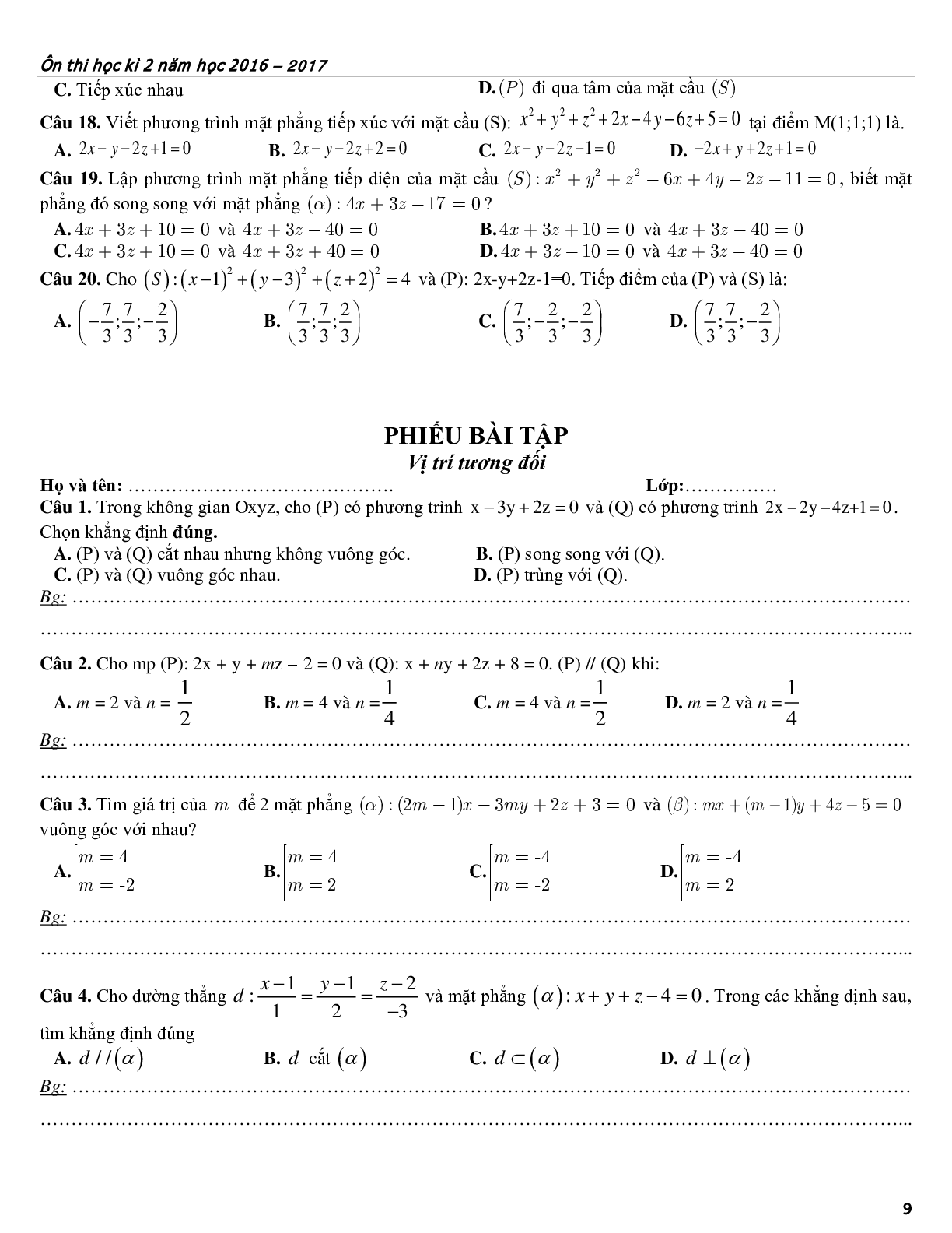 Bài tập ôn tập phương pháp tọa độ trong không gian (trang 9)