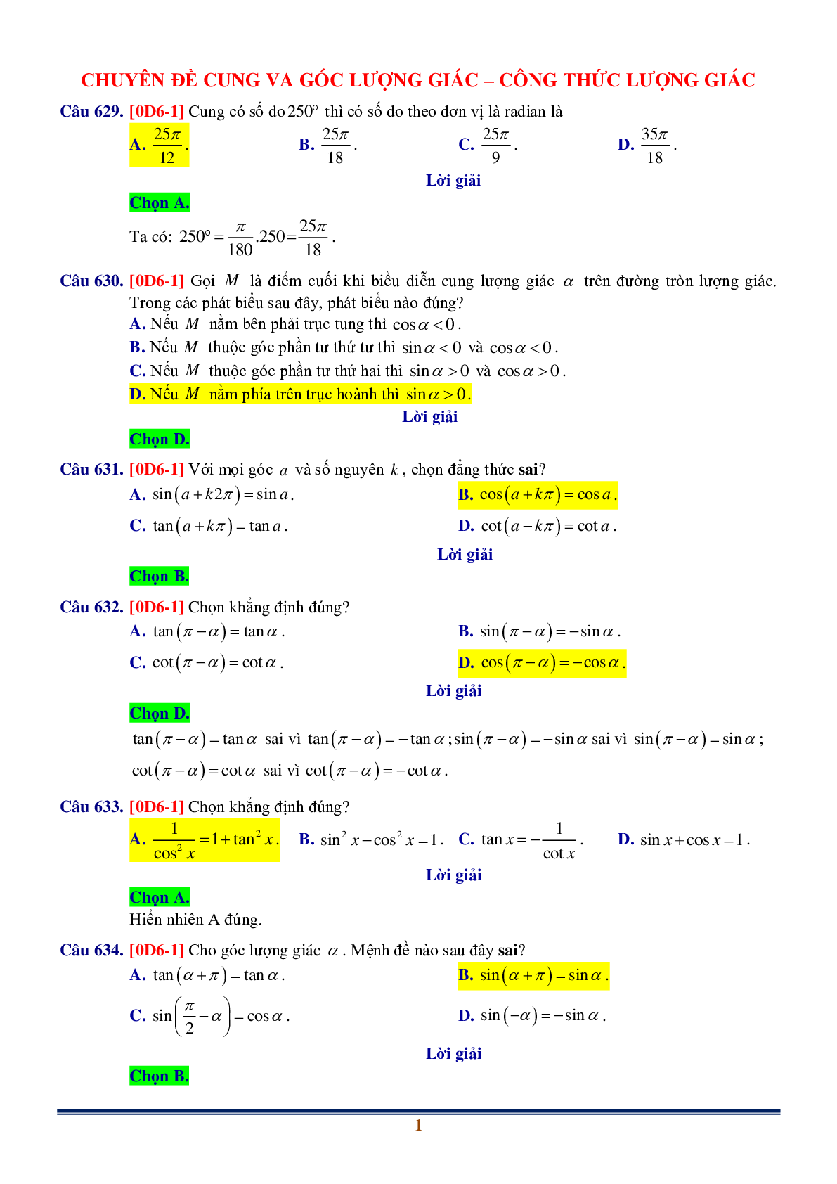 Chuyên đề Cung lượng giác và Công thức lượng giác (trang 1)
