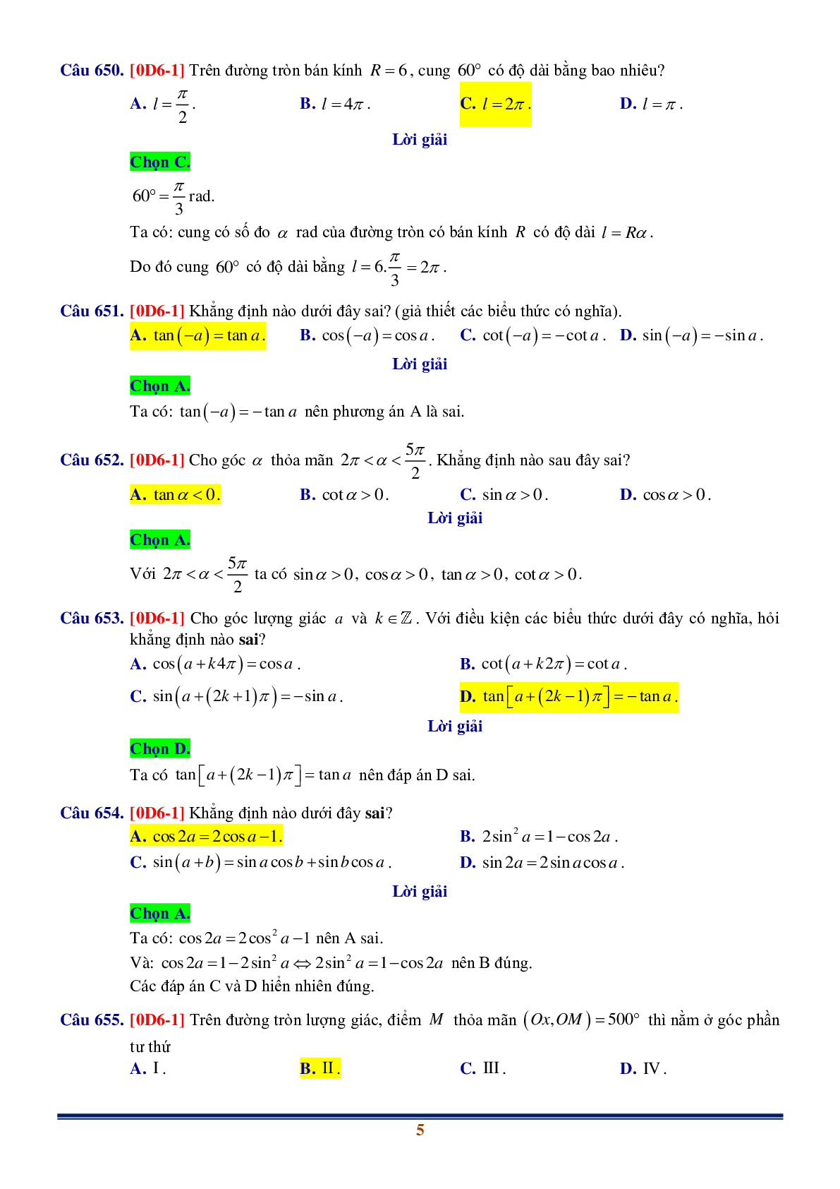 Chuyên đề Cung lượng giác và Công thức lượng giác (trang 5)