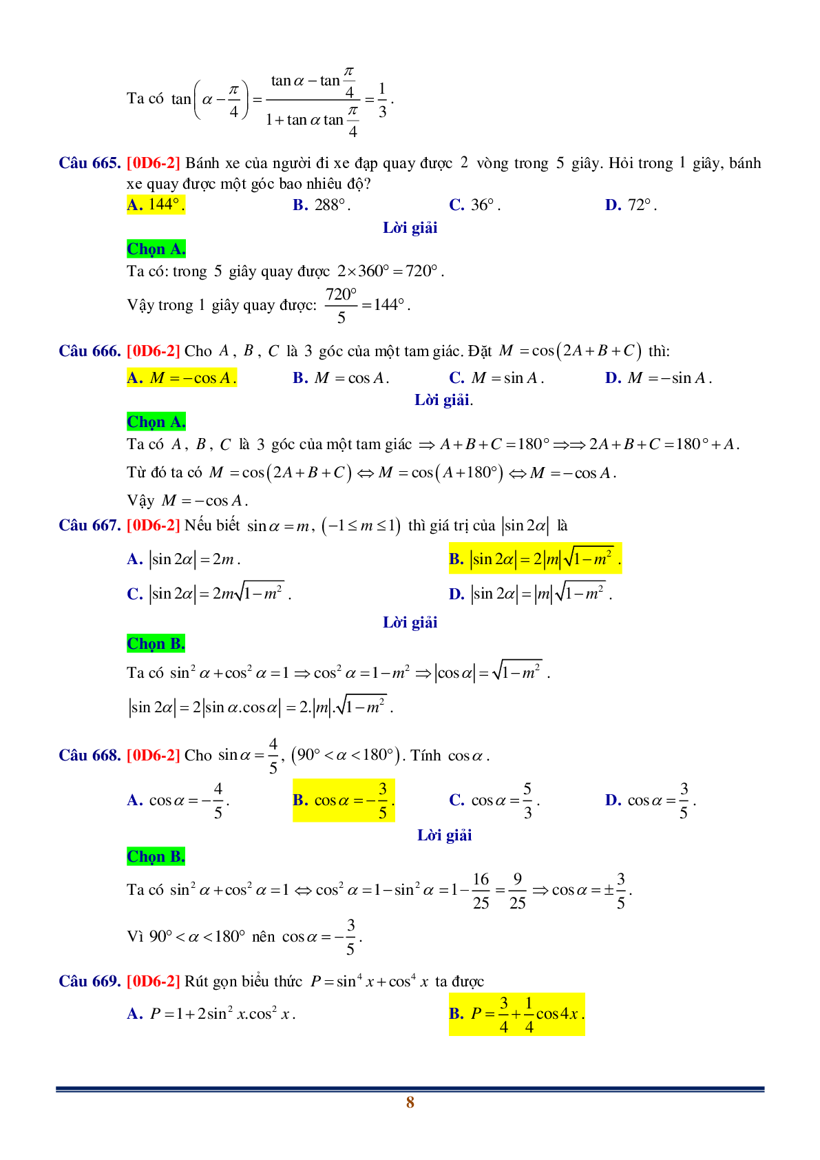 Chuyên đề Cung lượng giác và Công thức lượng giác (trang 8)