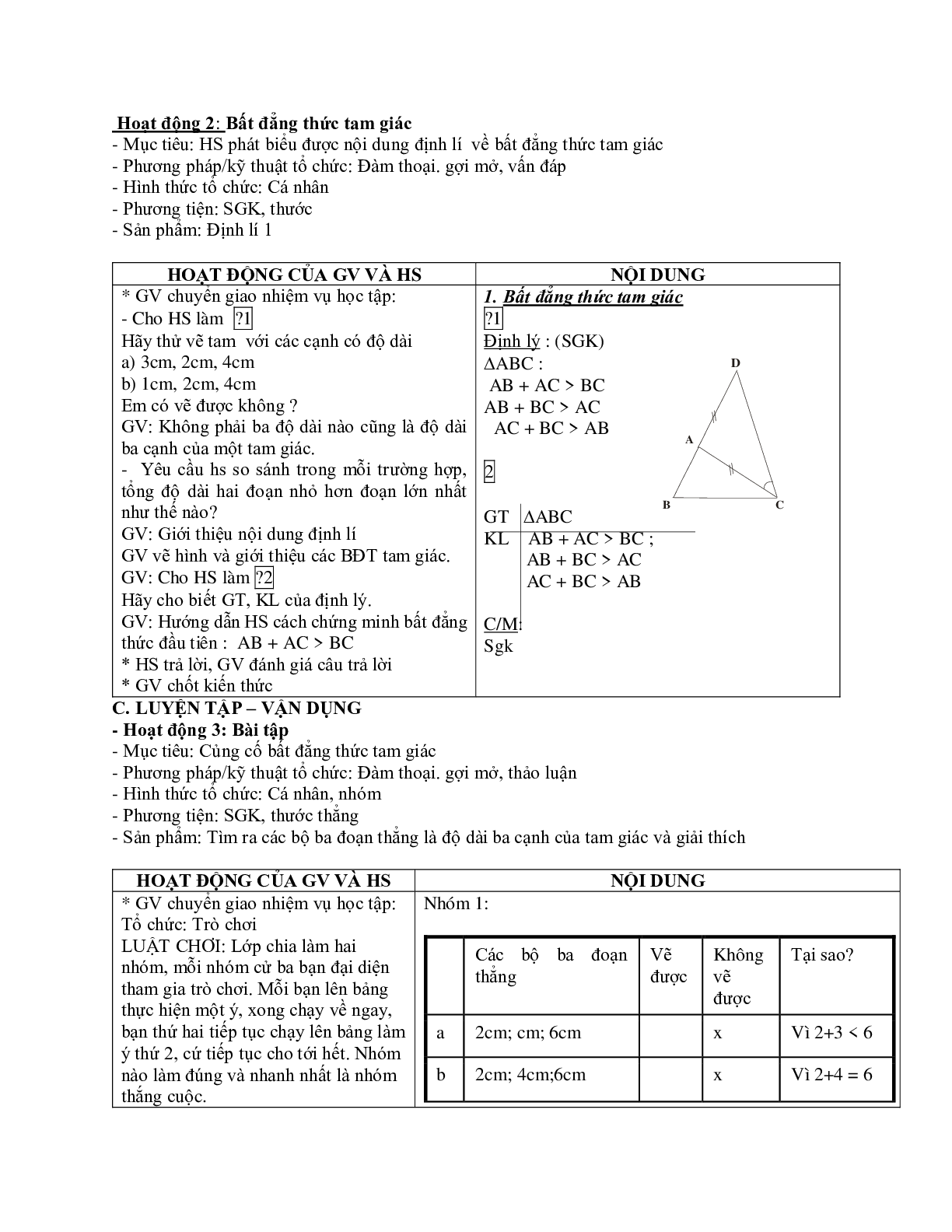 Giáo án Toán 7 bài 3: Quan hệ giữa ba cạnh của một tam giác, bất đẳng thức tam giác mới nhất (trang 2)