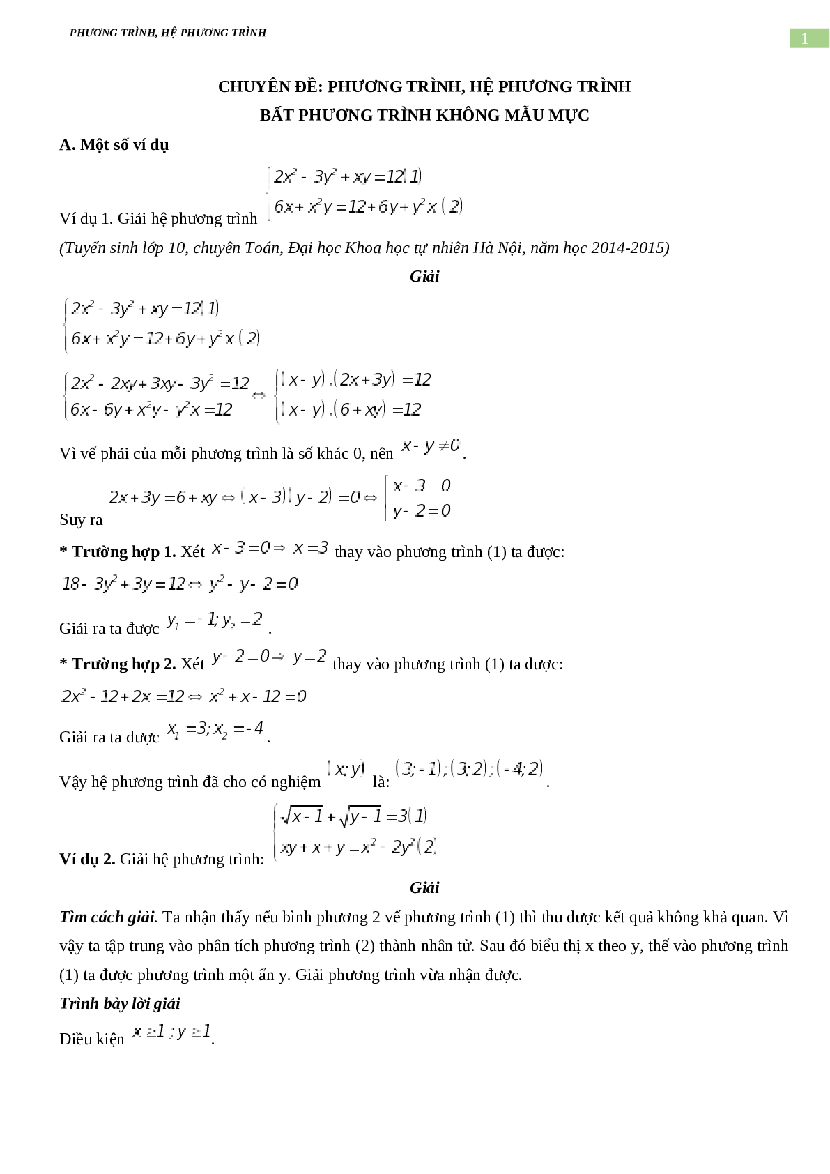 Bài tập về phương trình, hệ phương trình, bất phương trình không mẫu mực có đáp án, chọn lọc (trang 1)