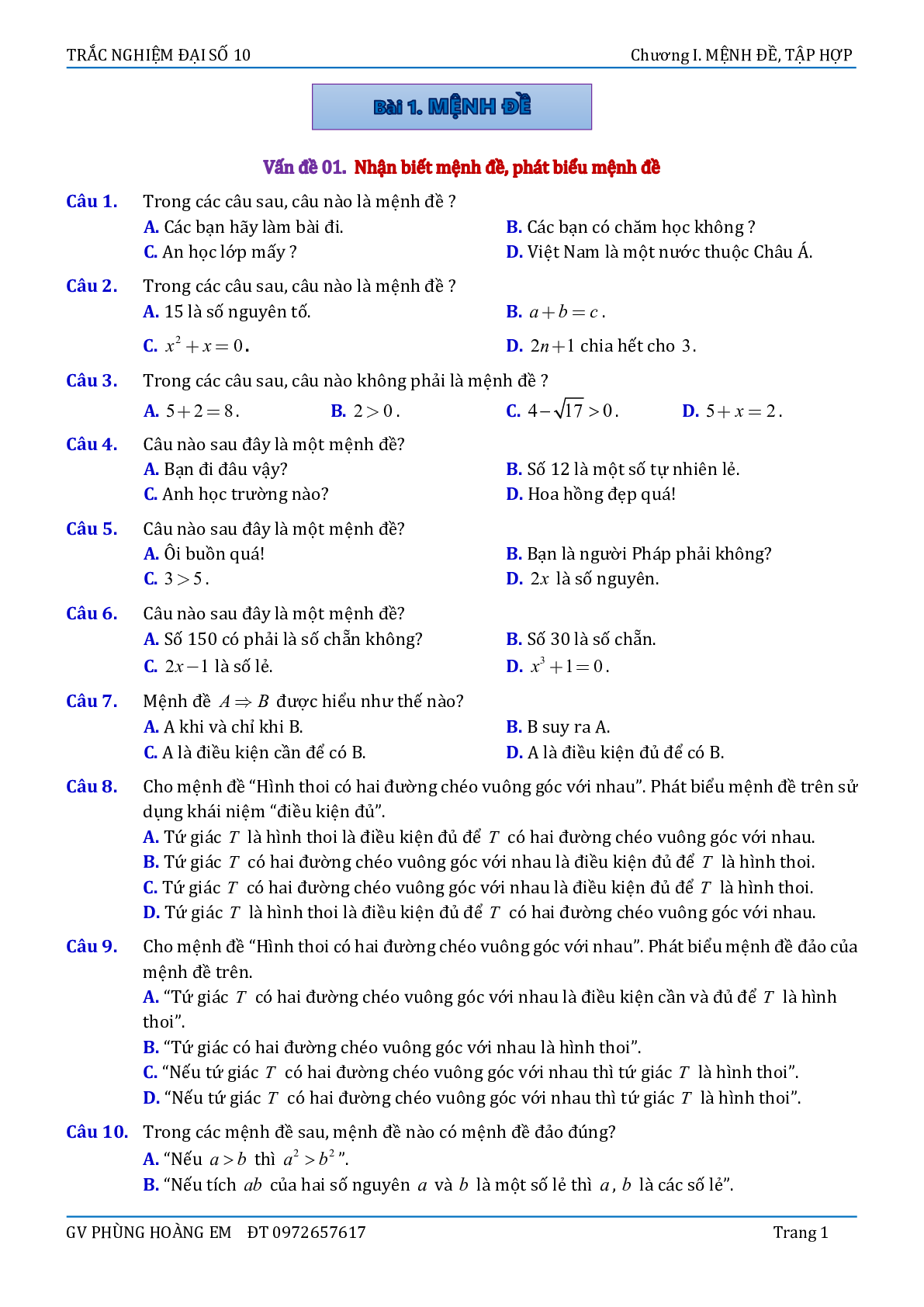 Bài tập trắc nghiệm về mệnh đề và tập hợp - bản 1 (trang 1)