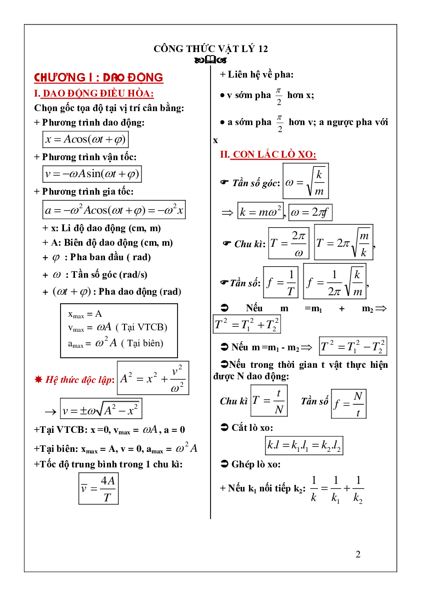 Tổng hợp công thức ôn thi môn Vật lý lớp 12 (trang 2)