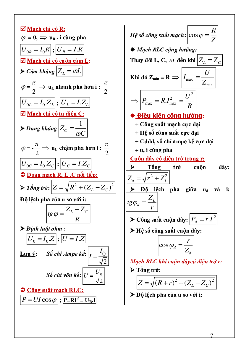 Tổng hợp công thức ôn thi môn Vật lý lớp 12 (trang 7)