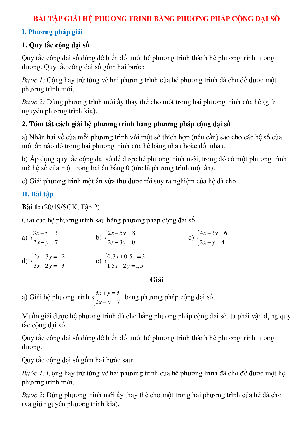 Bài tập Giải hệ phương trình bằng phương pháp đại số (trang 1)