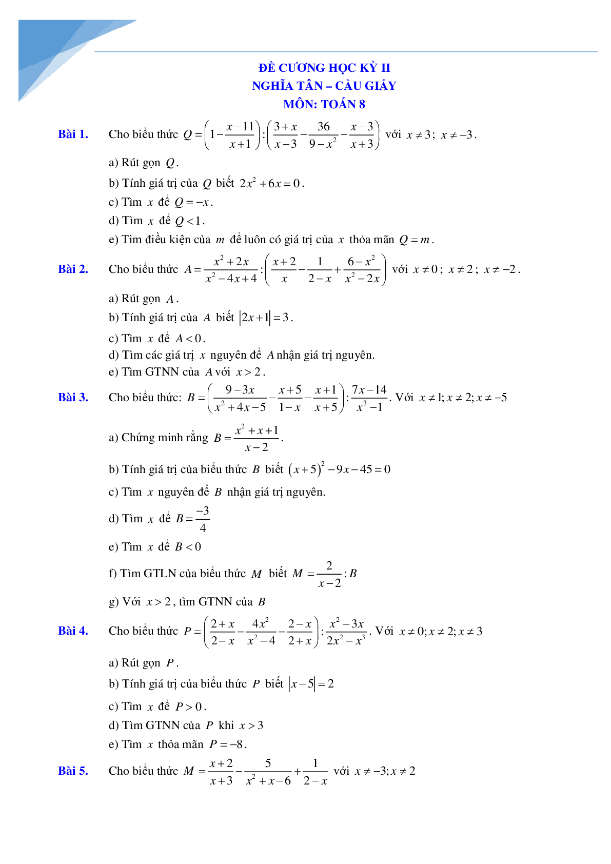 Đề cương học kì 2 môn toán lớp 8 Hà nội hay (trang 1)