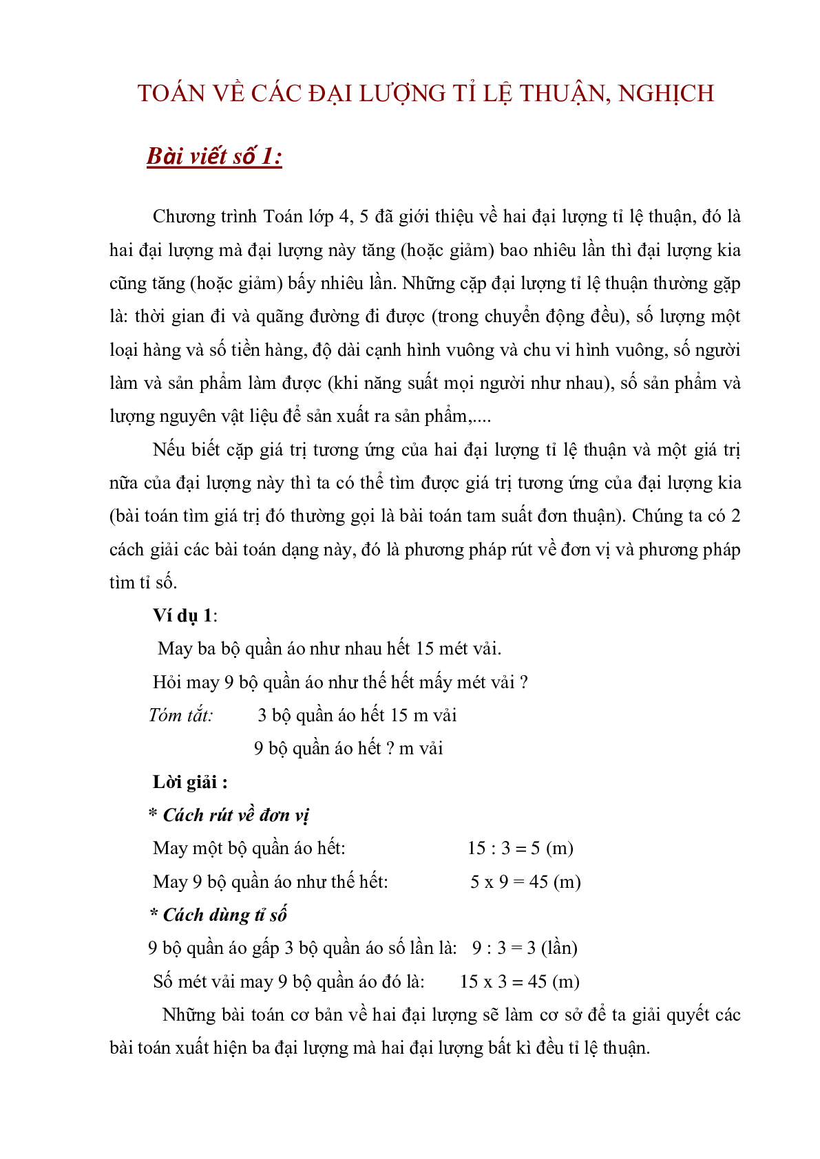 Dạng toán về các đại lượng tỉ lệ thuận, nghịch môn Toán lớp 5 (trang 1)